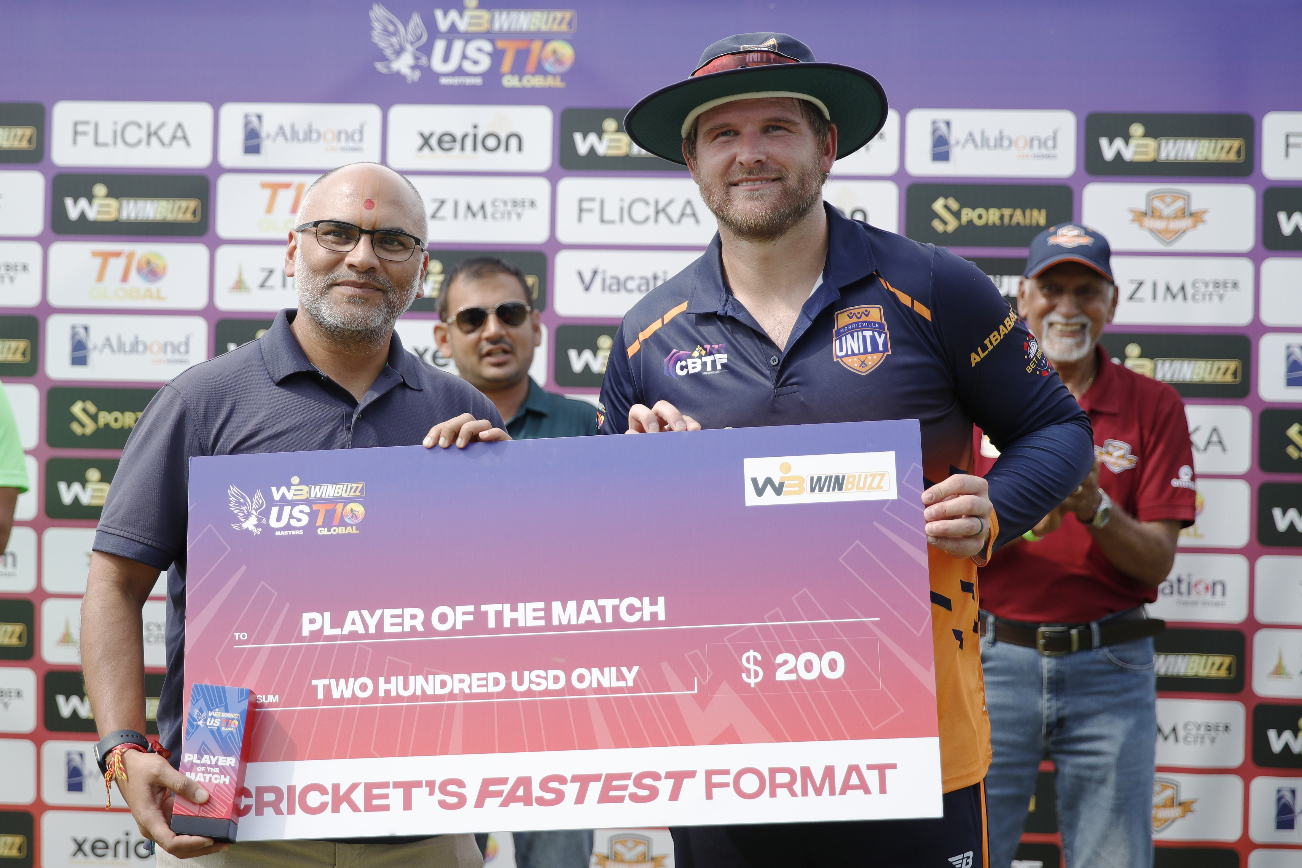 Corey Anderson of Morrisville Unity with Player of the Match awardduring match 18 of the US Masters T10 League between the NJ Tritons and the Morrisville Unity at the Central Broward Park in Lauderhill, Florida on the 24th August 2023 Photo by Saikat Das / ACEIMAGES for US Masters T10