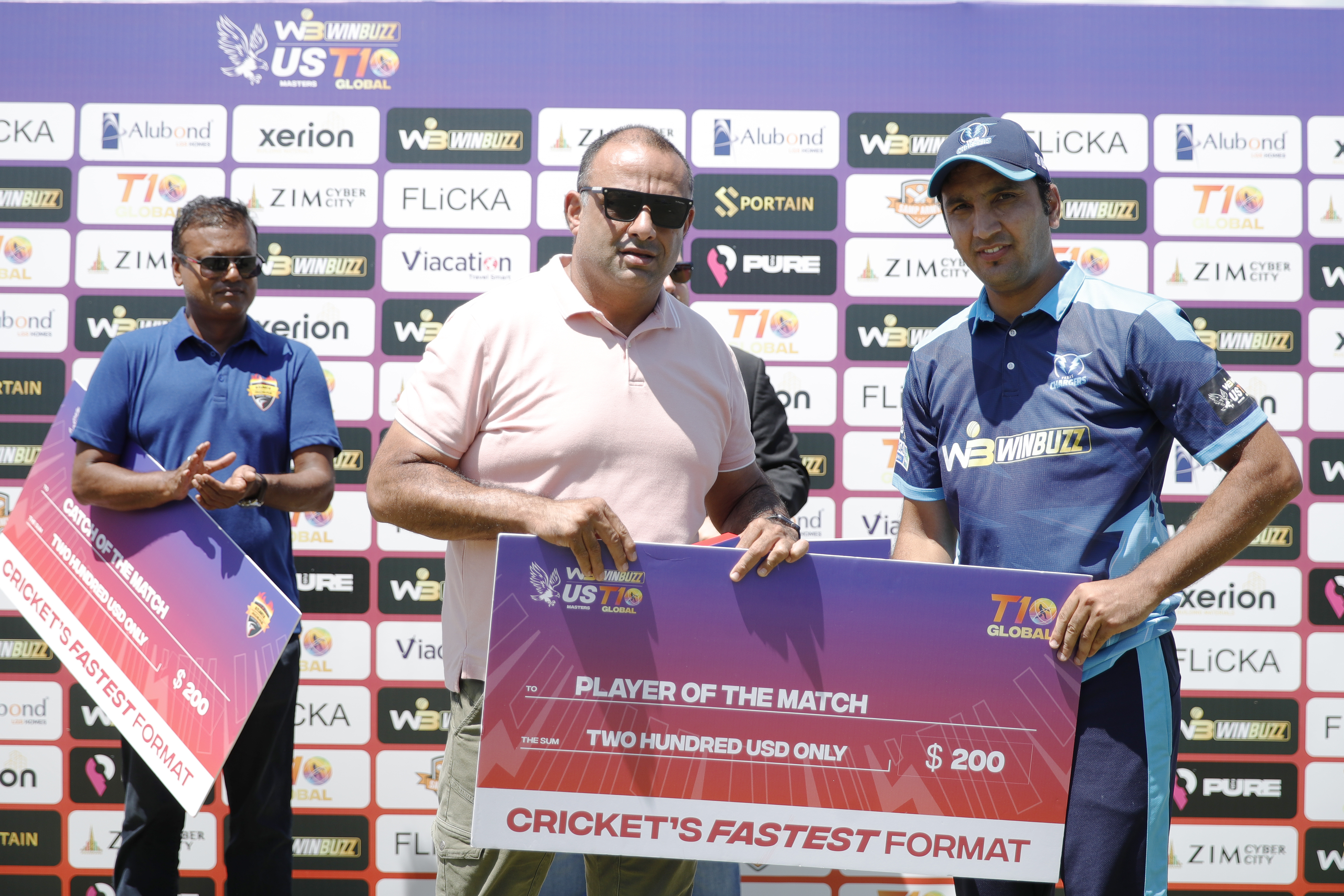 Imran Khan of Texas Chargers with Player of the Match award during match 20 of the US Masters T10 League between the Texas Chargers and the Atlanta Riders at the Central Broward Park in Lauderhill, Florida on the 25th August 2023 Photo by Saikat Das / ACEIMAGES for US Masters T10