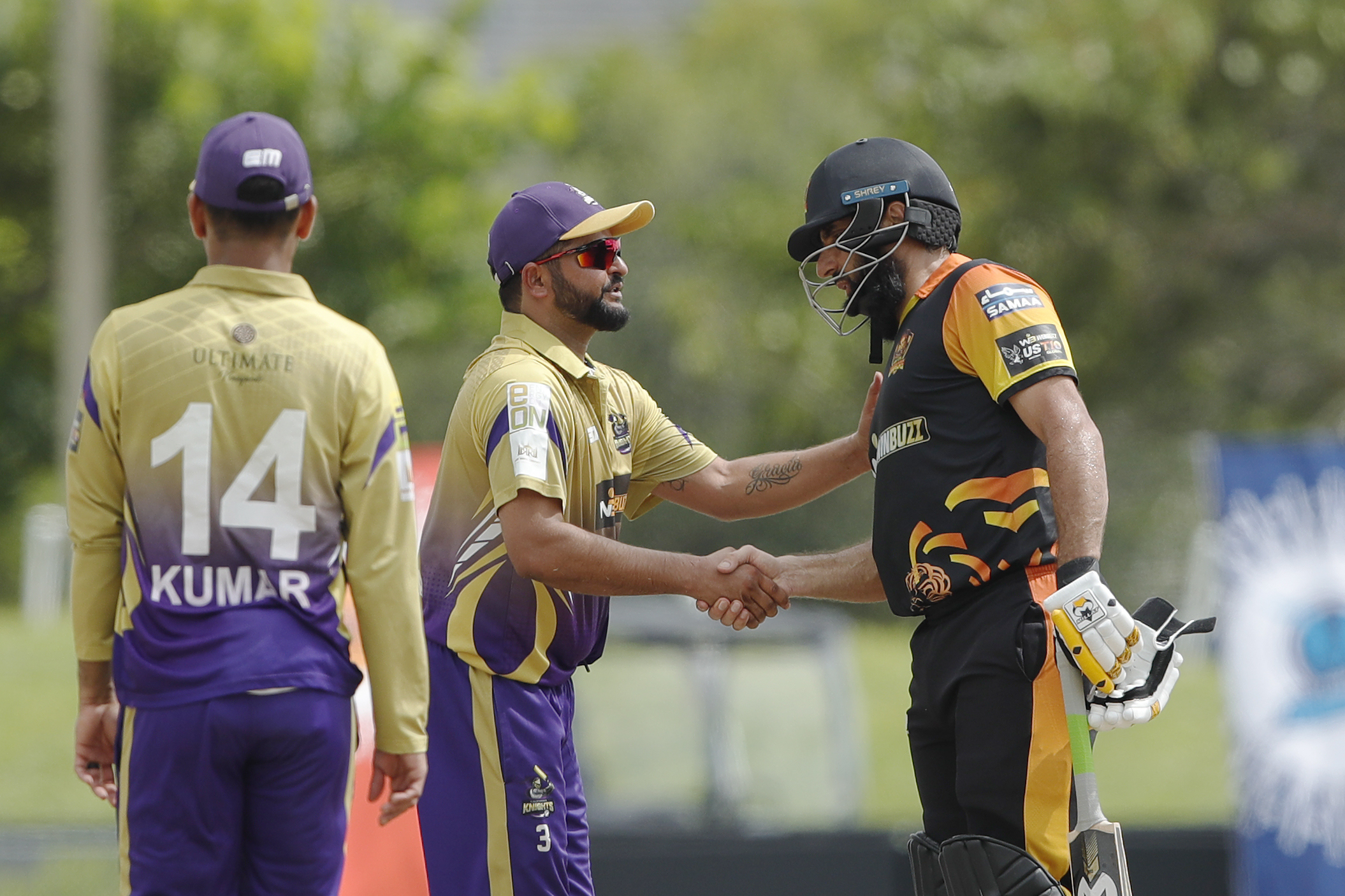 New York Warriors celebrating win during match 22, Qualifier 1 of the US Masters T10 League between the New York Warriors and the California Knights at the Central Broward Park in Lauderhill, Florida on the 26th August 2023 Photo by Saikat Das / ACEIMAGES for US Masters T10
