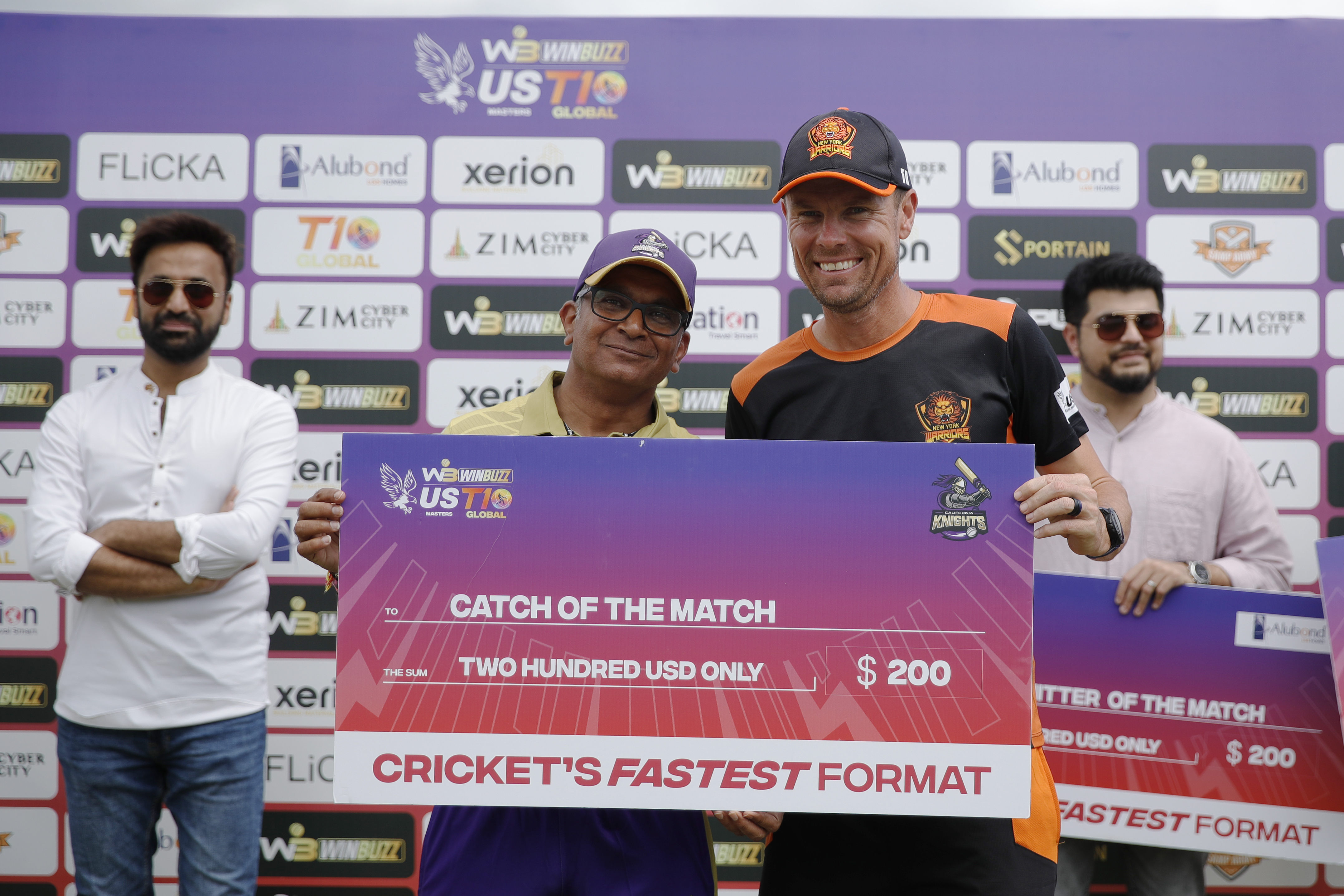 Johan Boath of New York Warriors with Catch of the Match Award during match 22, Qualifier 1 of the US Masters T10 League between the New York Warriors and the California Knights at the Central Broward Park in Lauderhill, Florida on the 26th August 2023 Photo by Saikat Das / ACEIMAGES for US Masters T10
