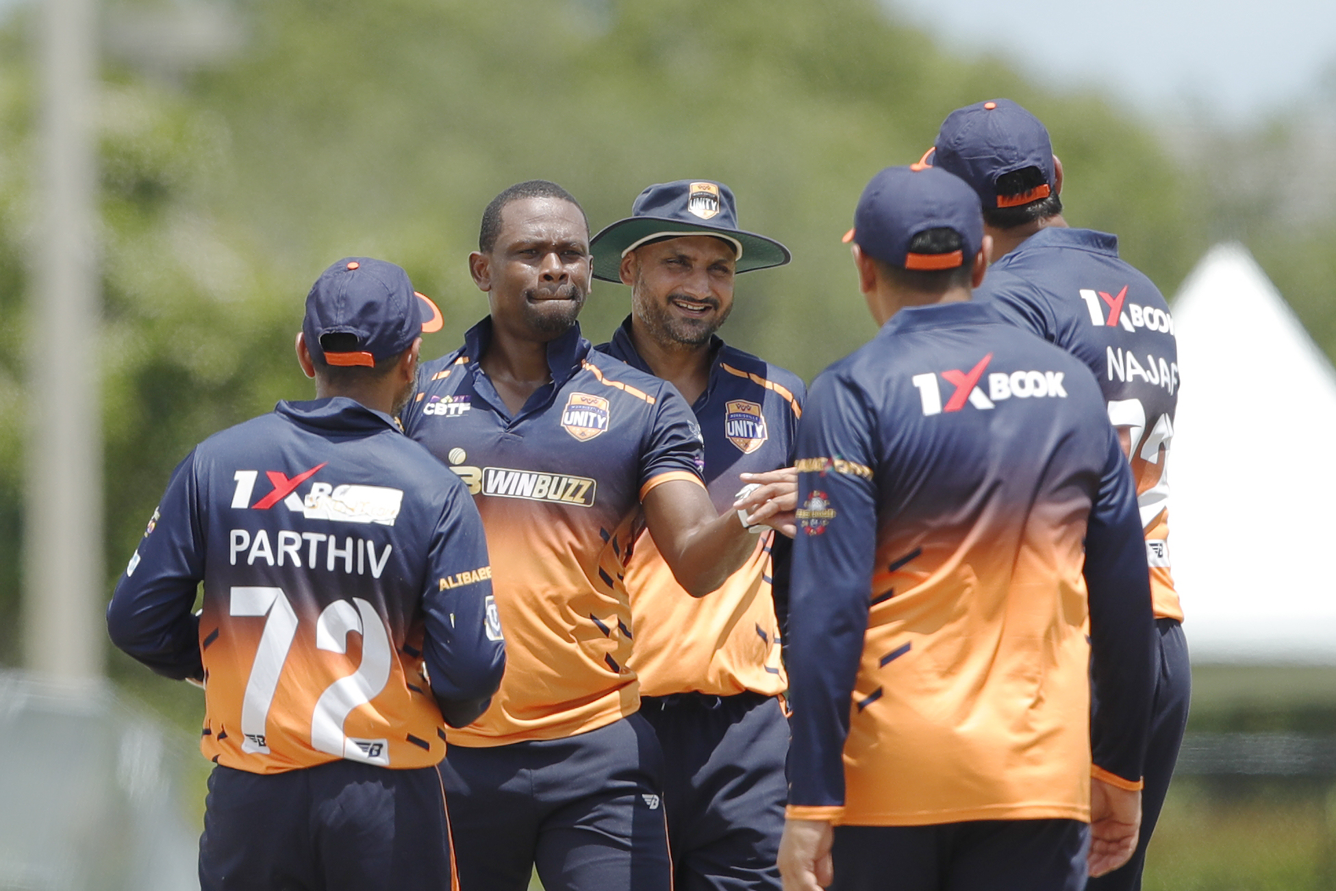 Morrisville Unity celebrating the wicket of Mohammad Hafeez of Texas Chargers during match 23, Eliminator 1 of the US Masters T10 League between the Texas Chargers and the Morrisville Unity at the Central Broward Park in Lauderhill, Florida on the 26th August 2023 Photo by Saikat Das / ACEIMAGES for US Masters T10
