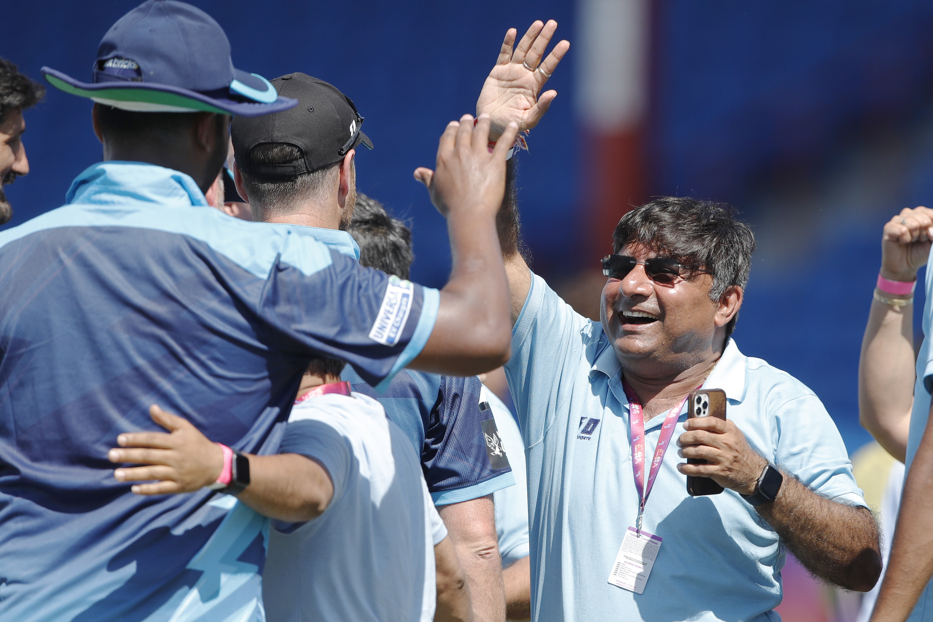 Texas Chargers celebrating win during match 24, Qualifier 2 of the US Masters T10 League between the Texas Chargers and the California Knights at the Central Broward Park in Lauderhill, Florida on the 26th August 2023 Photo by Saikat Das / ACEIMAGES for US Masters T10