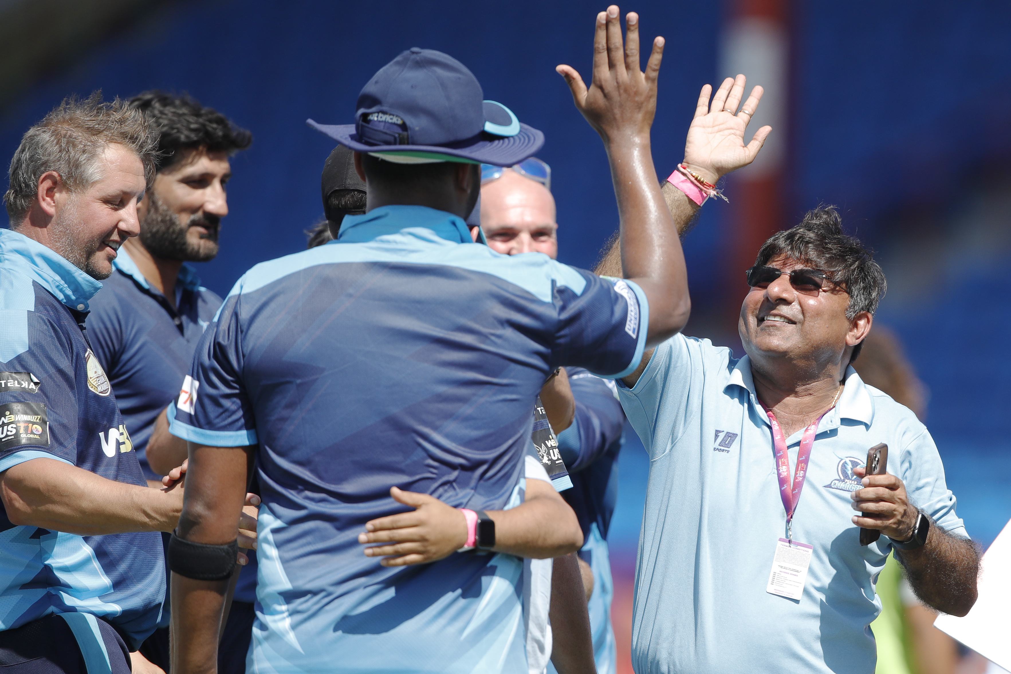 Texas Chargers celebrating win during match 24, Qualifier 2 of the US Masters T10 League between the Texas Chargers and the California Knights at the Central Broward Park in Lauderhill, Florida on the 26th August 2023 Photo by Saikat Das / ACEIMAGES for US Masters T10