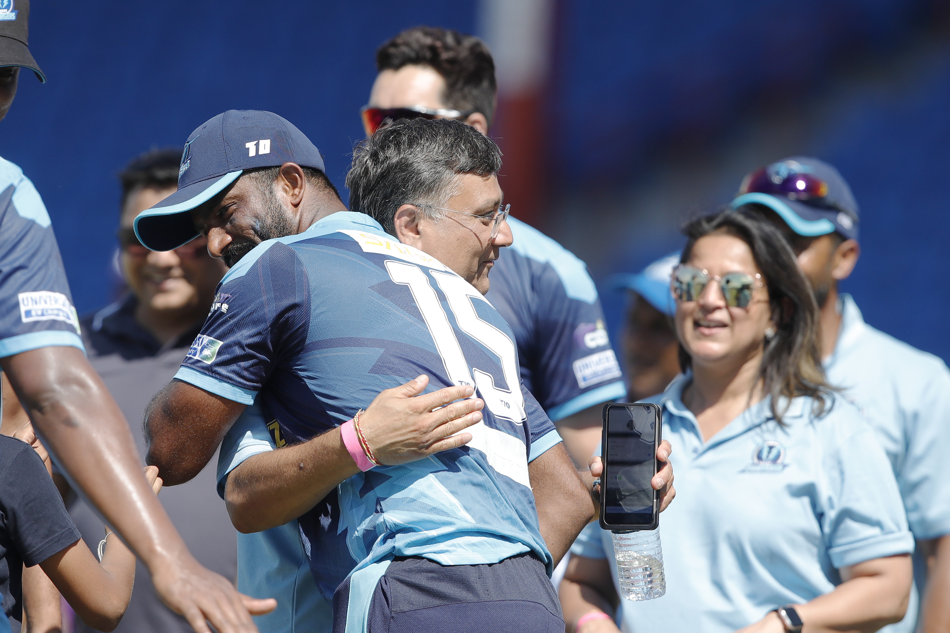 Texas Chargers celebrating win during match 24, Qualifier 2 of the US Masters T10 League between the Texas Chargers and the California Knights at the Central Broward Park in Lauderhill, Florida on the 26th August 2023 Photo by Saikat Das / ACEIMAGES for US Masters T10