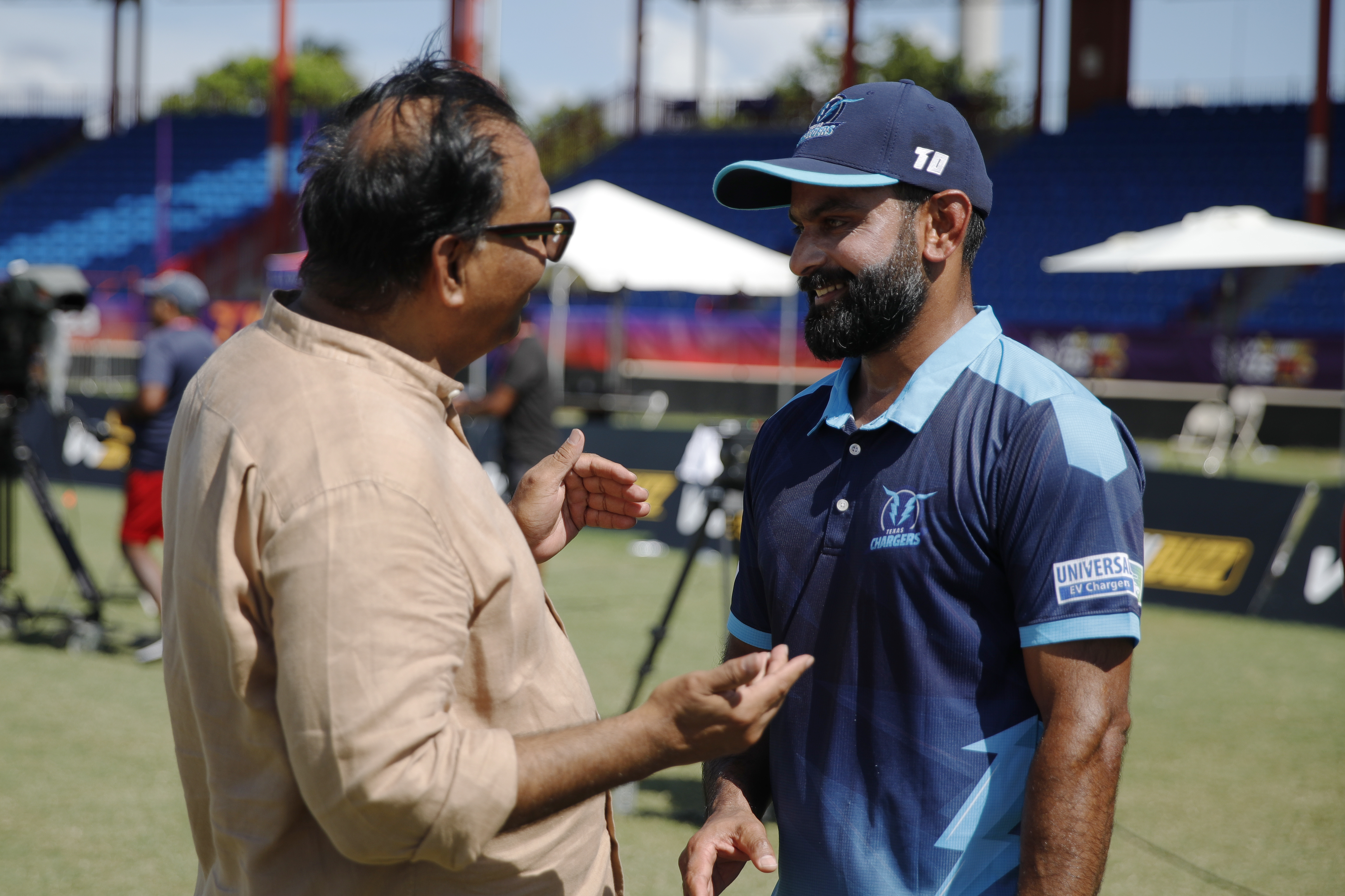 Nawab Shaji Ul Mulk The Founder & Chairman of T Ten Sports Management & T Ten Global Sportsand Mohammad Hafeez of Texas Chargers  during match 24, Qualifier 2 of the US Masters T10 League between the Texas Chargers and the California Knights at the Central Broward Park in Lauderhill, Florida on the 26th August 2023 Photo by Saikat Das / ACEIMAGES for US Masters T10