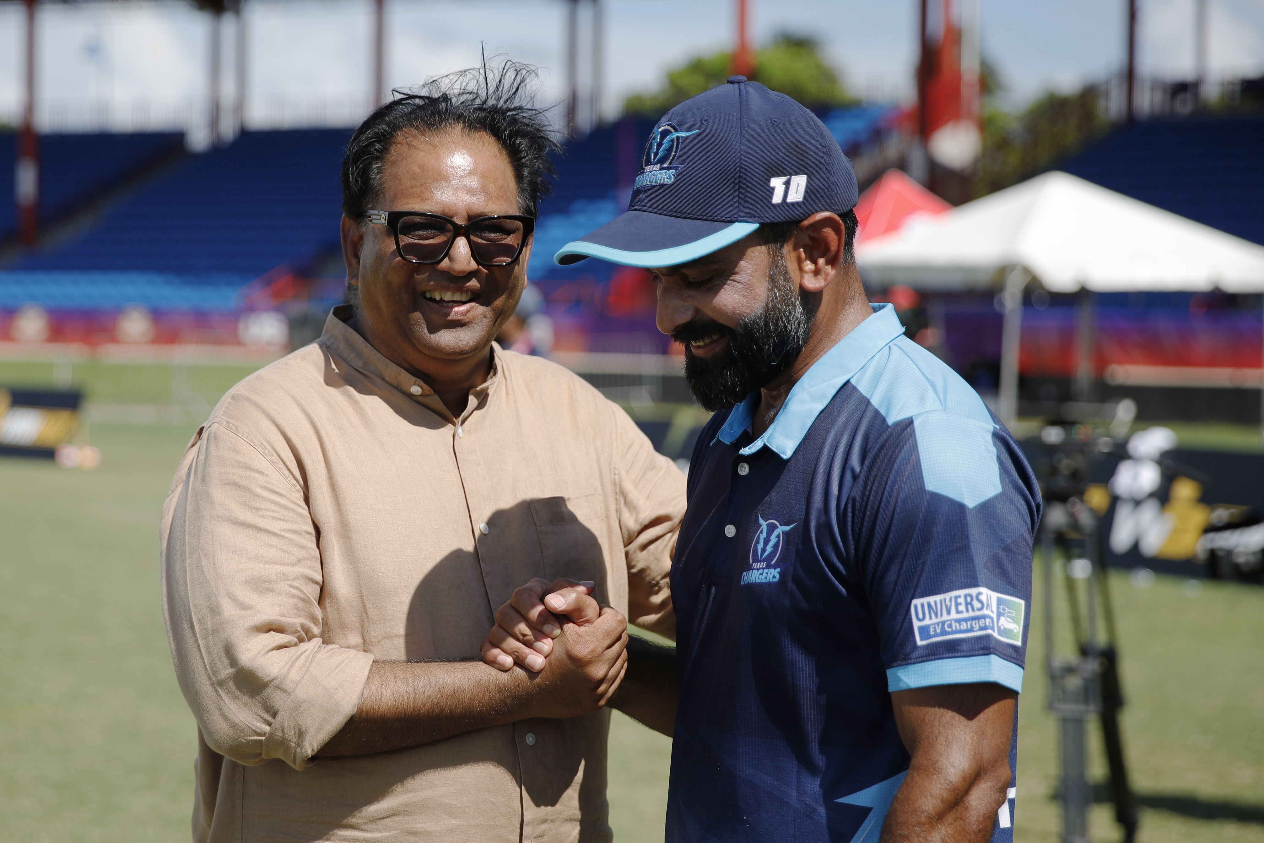 Nawab Shaji Ul Mulk The Founder & Chairman of T Ten Sports Management & T Ten Global Sportsand Mohammad Hafeez of Texas Chargers  during match 24, Qualifier 2 of the US Masters T10 League between the Texas Chargers and the California Knights at the Central Broward Park in Lauderhill, Florida on the 26th August 2023 Photo by Saikat Das / ACEIMAGES for US Masters T10