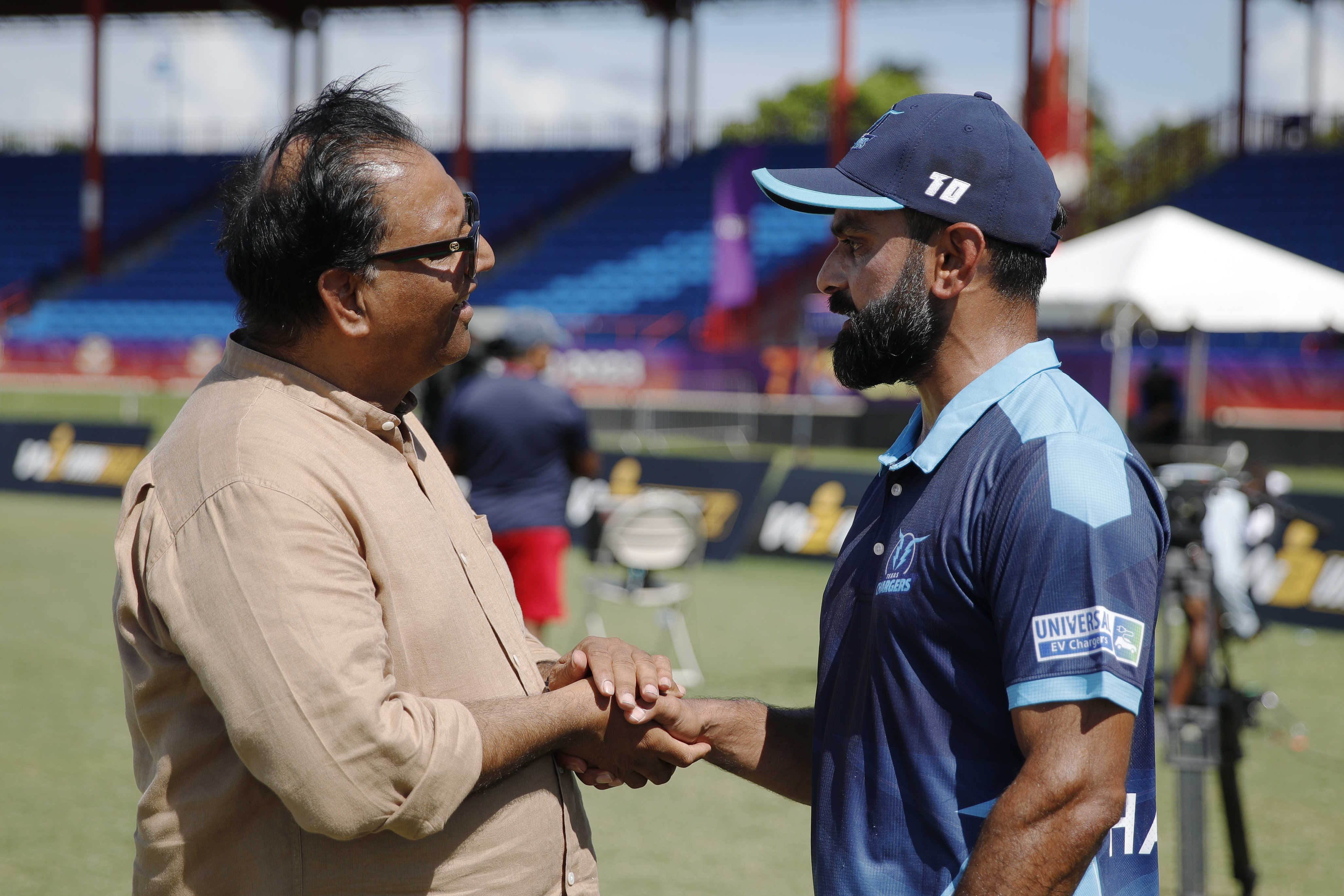 Nawab Shaji Ul Mulk The Founder & Chairman of T Ten Sports Management & T Ten Global Sportsand Mohammad Hafeez of Texas Chargers  during match 24, Qualifier 2 of the US Masters T10 League between the Texas Chargers and the California Knights at the Central Broward Park in Lauderhill, Florida on the 26th August 2023 Photo by Saikat Das / ACEIMAGES for US Masters T10
