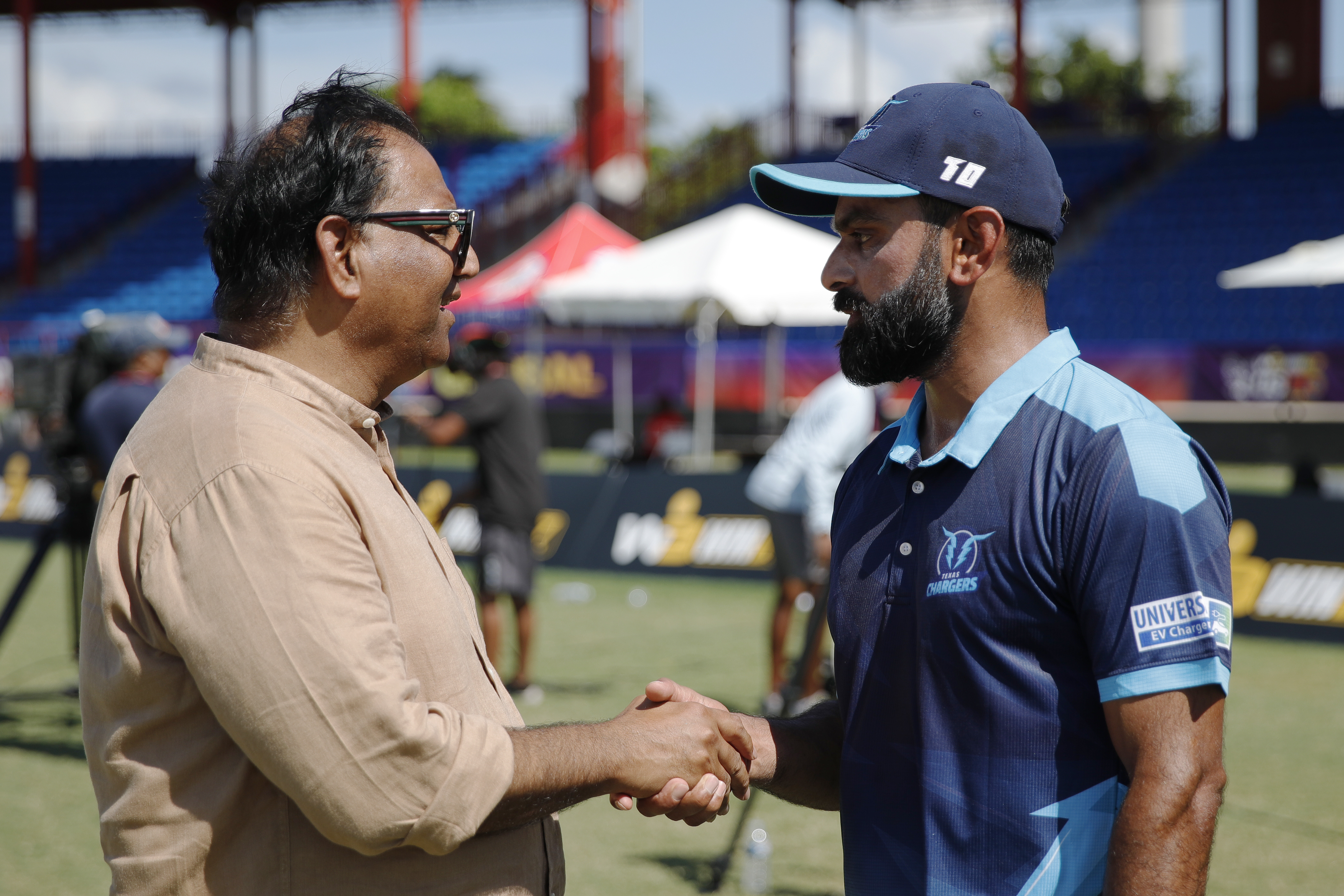 Nawab Shaji Ul Mulk The Founder & Chairman of T Ten Sports Management & T Ten Global Sportsand Mohammad Hafeez of Texas Chargers  during match 24, Qualifier 2 of the US Masters T10 League between the Texas Chargers and the California Knights at the Central Broward Park in Lauderhill, Florida on the 26th August 2023 Photo by Saikat Das / ACEIMAGES for US Masters T10