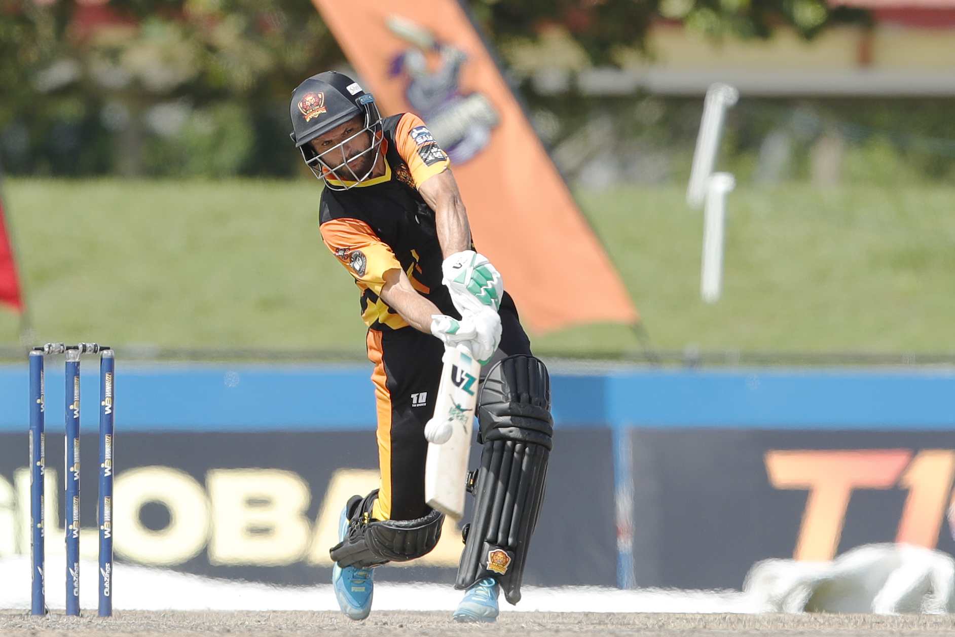 Shahid Afridi of New York Warriors hitting a over boundary during match 5 (rescheduled) of the US Masters T10 League between the Atlanta Riders and the New York Warriors at the Central Broward Park in Lauderhill, Florida on the 21st August 2023 Photo by Saikat Das / ACEIMAGES for US Masters T10