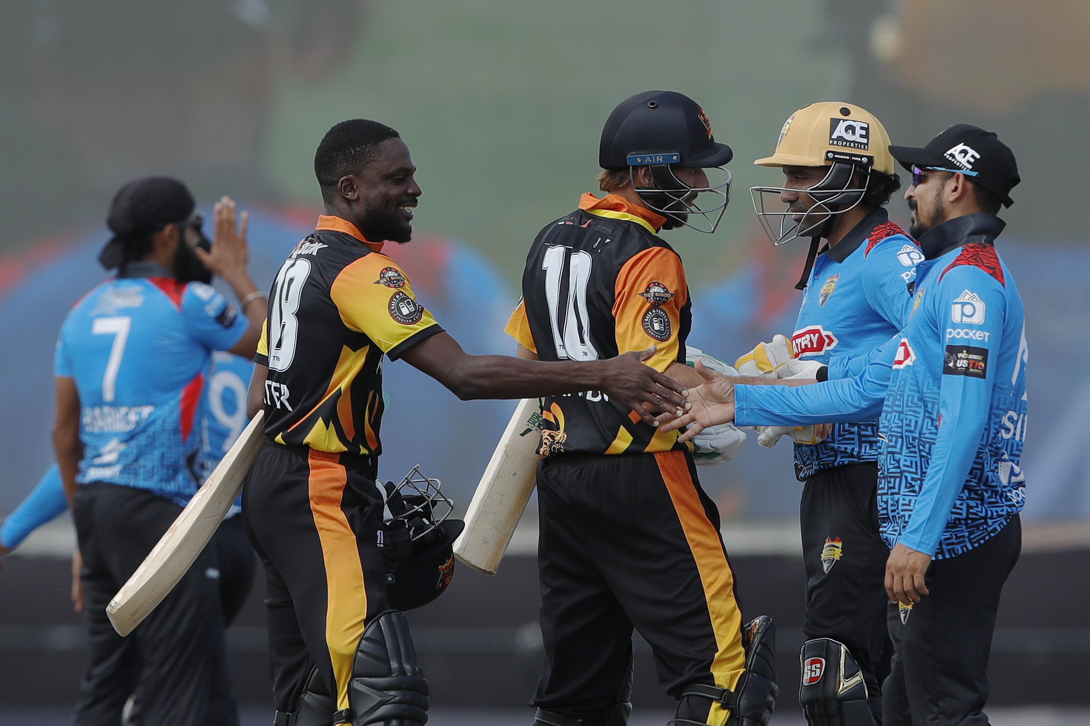 New York Warriors celebrating win during match 5 (rescheduled) of the US Masters T10 League between the Atlanta Riders and the New York Warriors at the Central Broward Park in Lauderhill, Florida on the 21st August 2023 Photo by Saikat Das / ACEIMAGES for US Masters T10