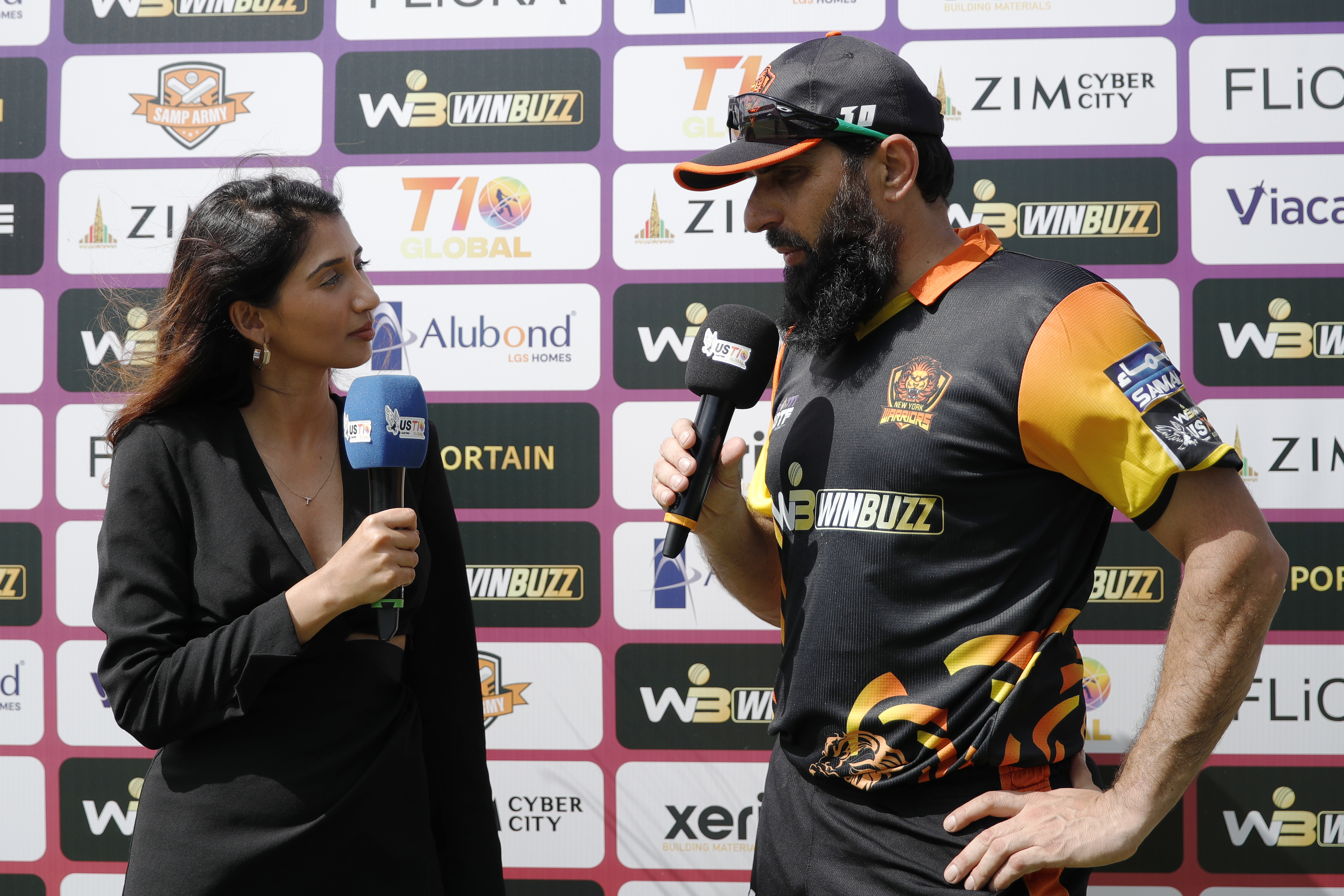 Misbah-ul-Haq (c) of New York Warriors at tv interview during match 5 (rescheduled) of the US Masters T10 League between the Atlanta Riders and the New York Warriors at the Central Broward Park in Lauderhill, Florida on the 21st August 2023 Photo by Saikat Das / ACEIMAGES for US Masters T10