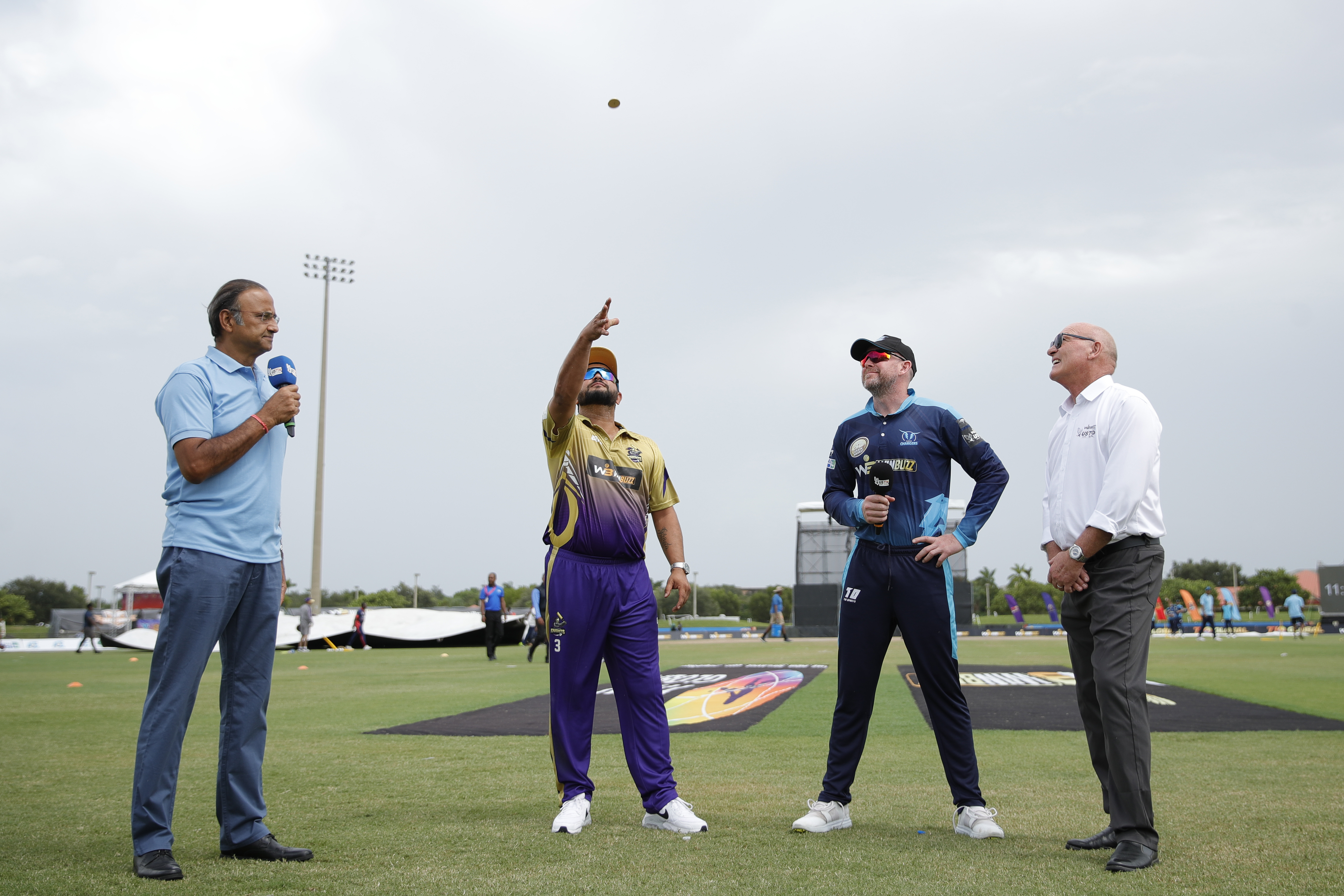 SURESH RAINA (c) of California Knights and Ben Dunk of Texas Chargers at toss during match 8 of the US Masters T10 League between the California Knights and theTexas Chargers at the Central Broward Park in Lauderhill, Florida on the 20 August 2023Photo by Saikat Das / ACEIMAGES for US Masters T10