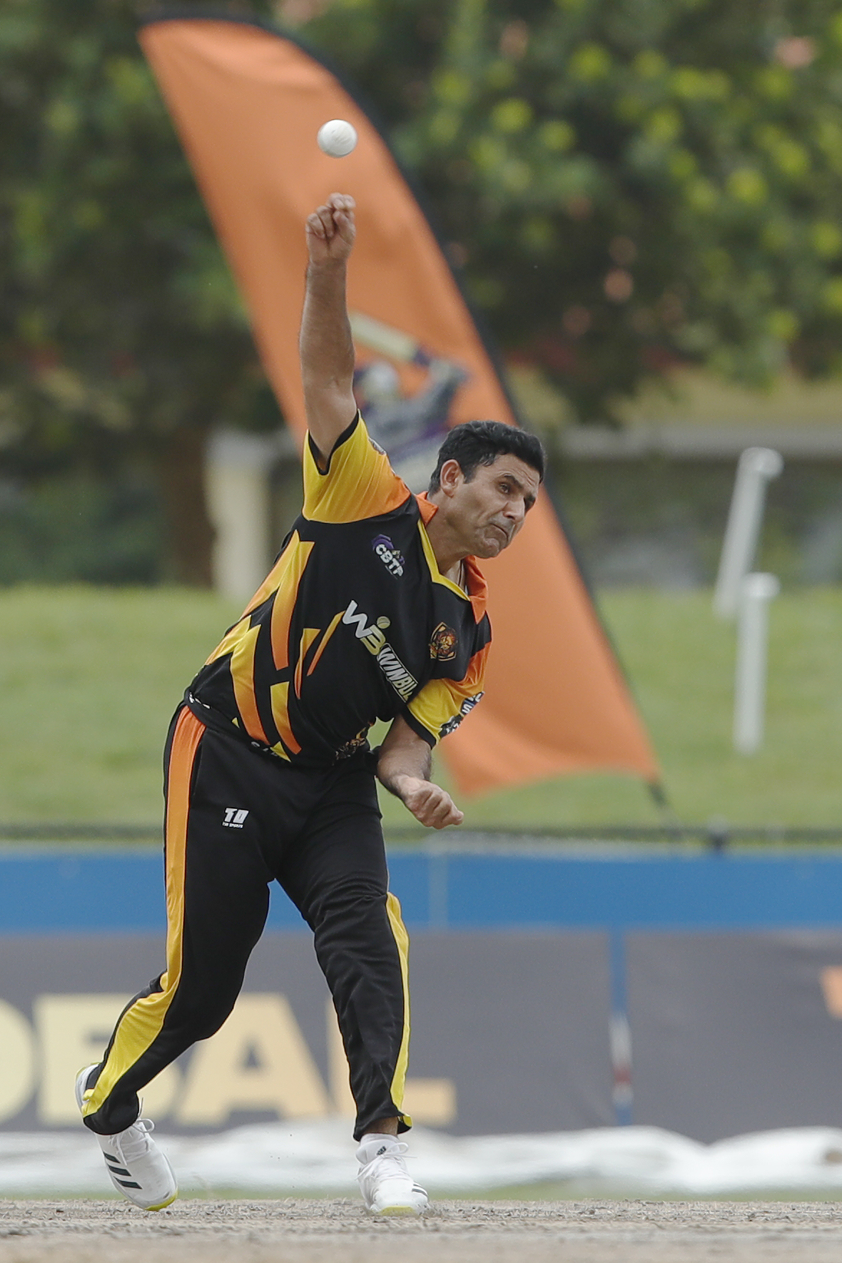 Abdul Razzaq of New York Warriors bowling  bowling during match 9 of the US Masters T10 League between the NJ Tritons and theNew York Warriors at the Central Broward Park in Lauderhill, Florida on the 20 August 2023Photo by Saikat Das / ACEIMAGES for US Masters T10