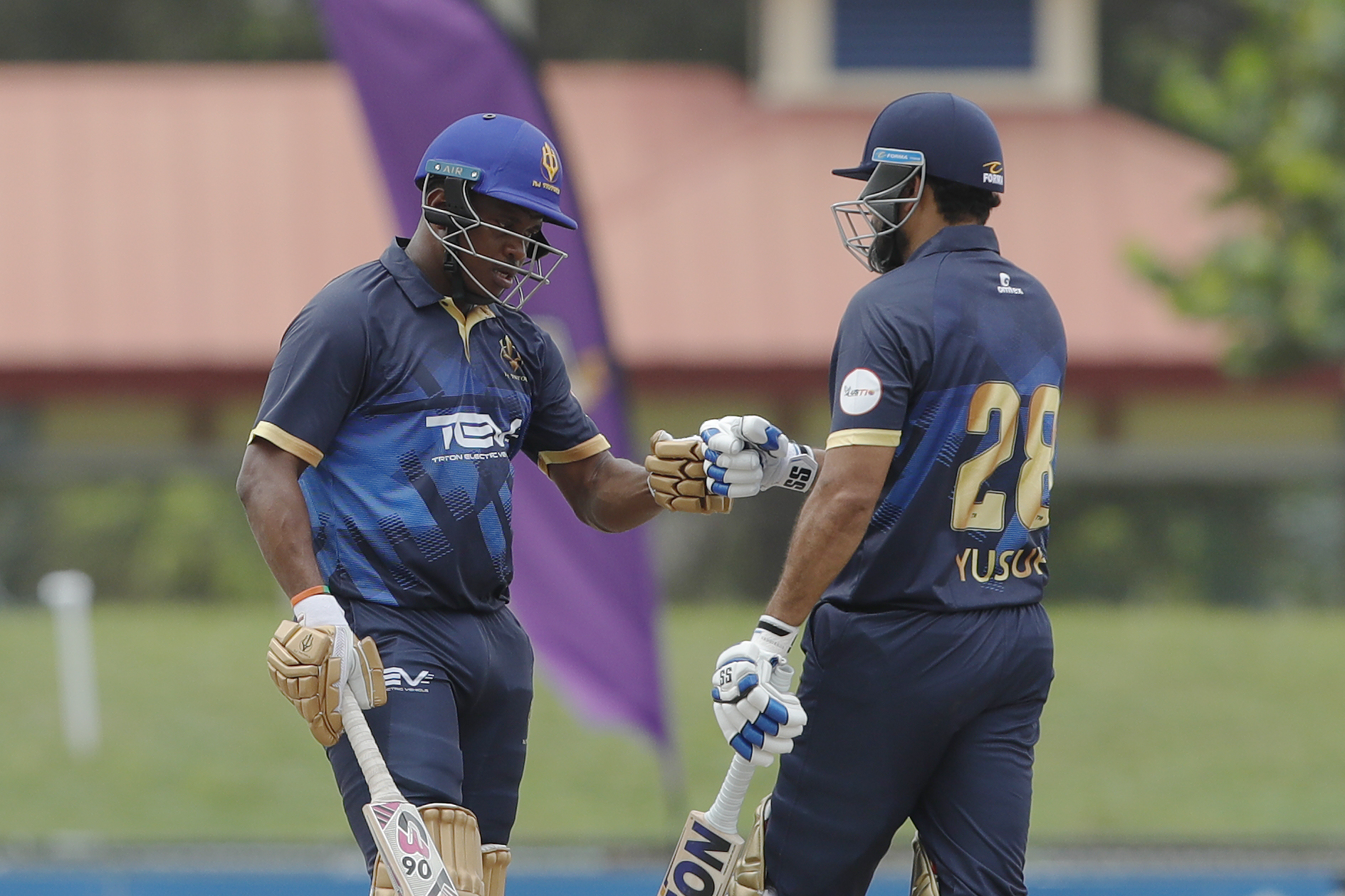 CHRISTOPHER  DION BARNWELL of NJ Tritons and Yusuf Pathan of NJ Tritons during match 9 of the US Masters T10 League between the NJ Tritons and theNew York Warriors at the Central Broward Park in Lauderhill, Florida on the 20 August 2023Photo by Saikat Das / ACEIMAGES for US Masters T10
