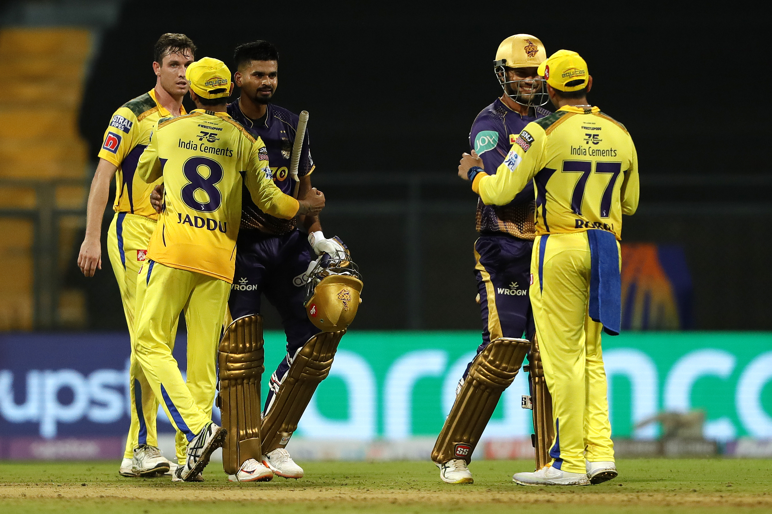 Kolkata Knight Riders and Chennai Superkings players shaking hands after winning the match during match 1 of the TATA Indian Premier League 2022 (IPL season 15) between the Chennai Superkings and the Kolkata Knight Riders held at the Wankhede stadium in Mumbai on the 26th March 2022Photo by Saikat Das / Sportzpics for IPL