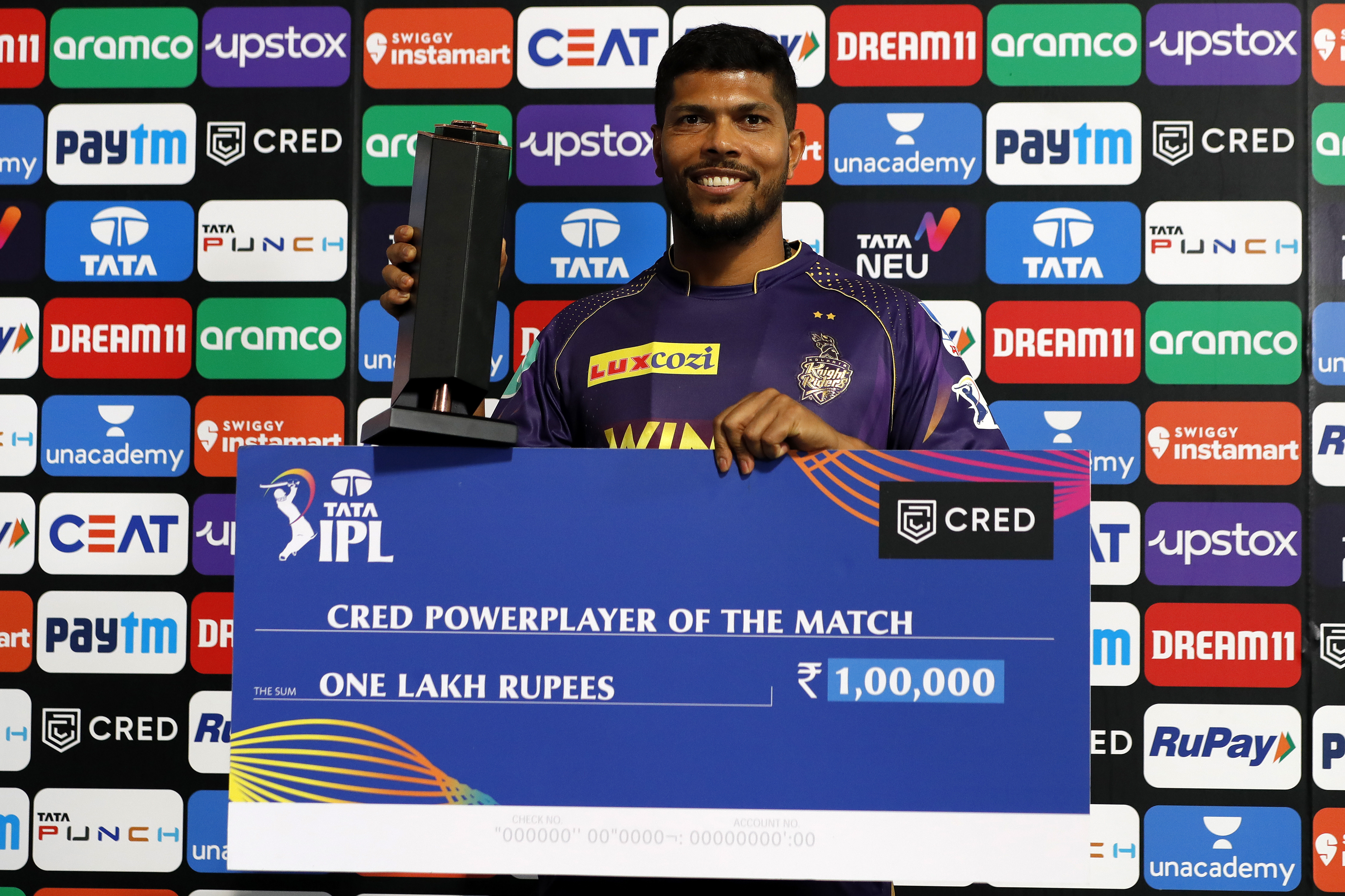 Umesh Yadav of the Kolkata Knight Riderswith Cred Powerplay of The Match award during match 1 of the TATA Indian Premier League 2022 (IPL season 15) between the Chennai Superkings and the Kolkata Knight Riders held at the Wankhede stadium in Mumbai on the 26th March 2022Photo by Saikat Das / Sportzpics for IPL