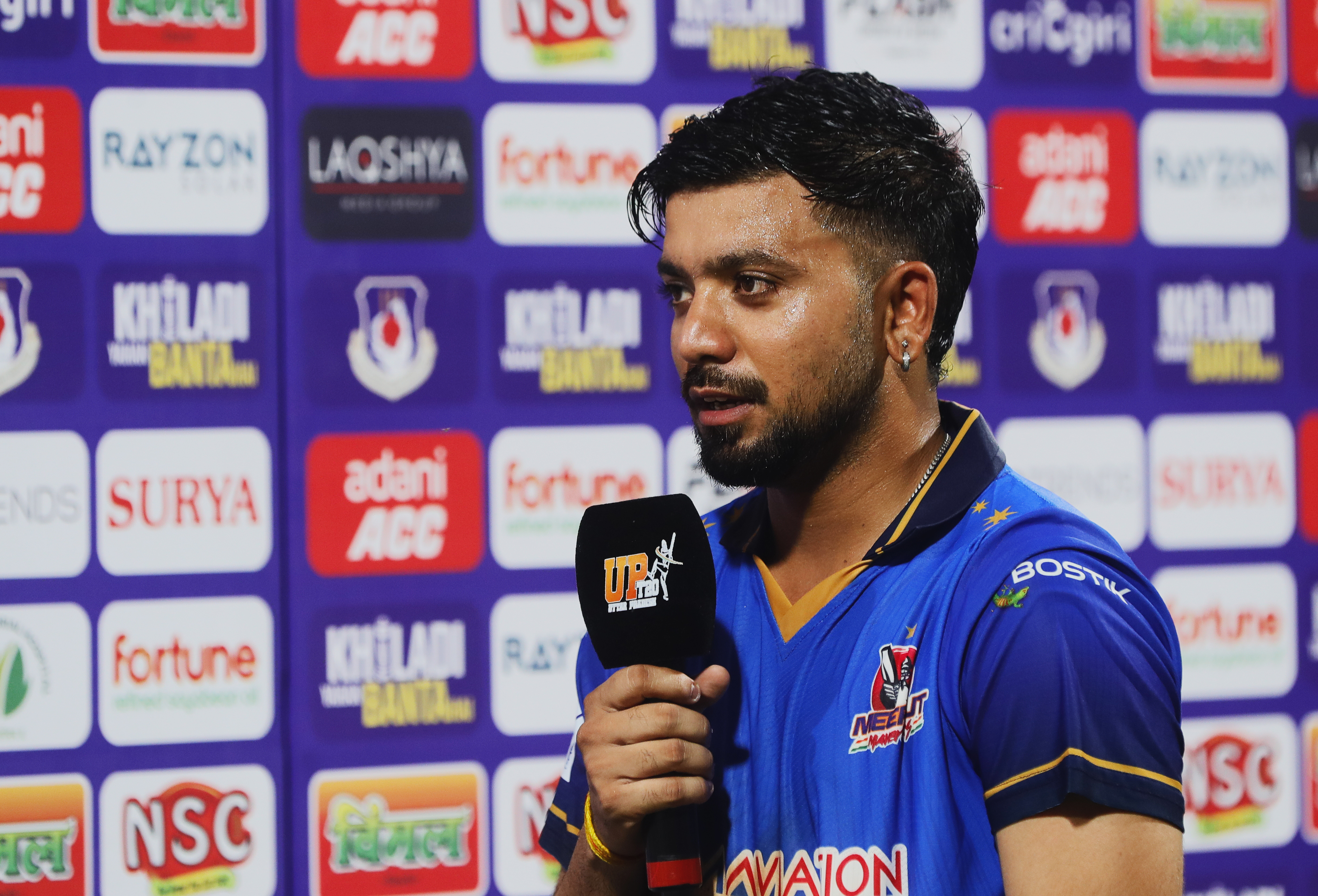 Yash Garg of Meerut Mavericks at tv interview during the UPT20 League 2026 Season 4 opening clash between Kashi Rudras and defending champions Meerut Mavericks at Bharat Ratna Shri Atal Bihari Vajpayee Ekana Cricket Stadium, Lucknow, Uttar Pradesh, India, intense evening T20 action lights up Match 1 of the tournament.Photos by: s Saikat Das / aceimages.in for UPT20