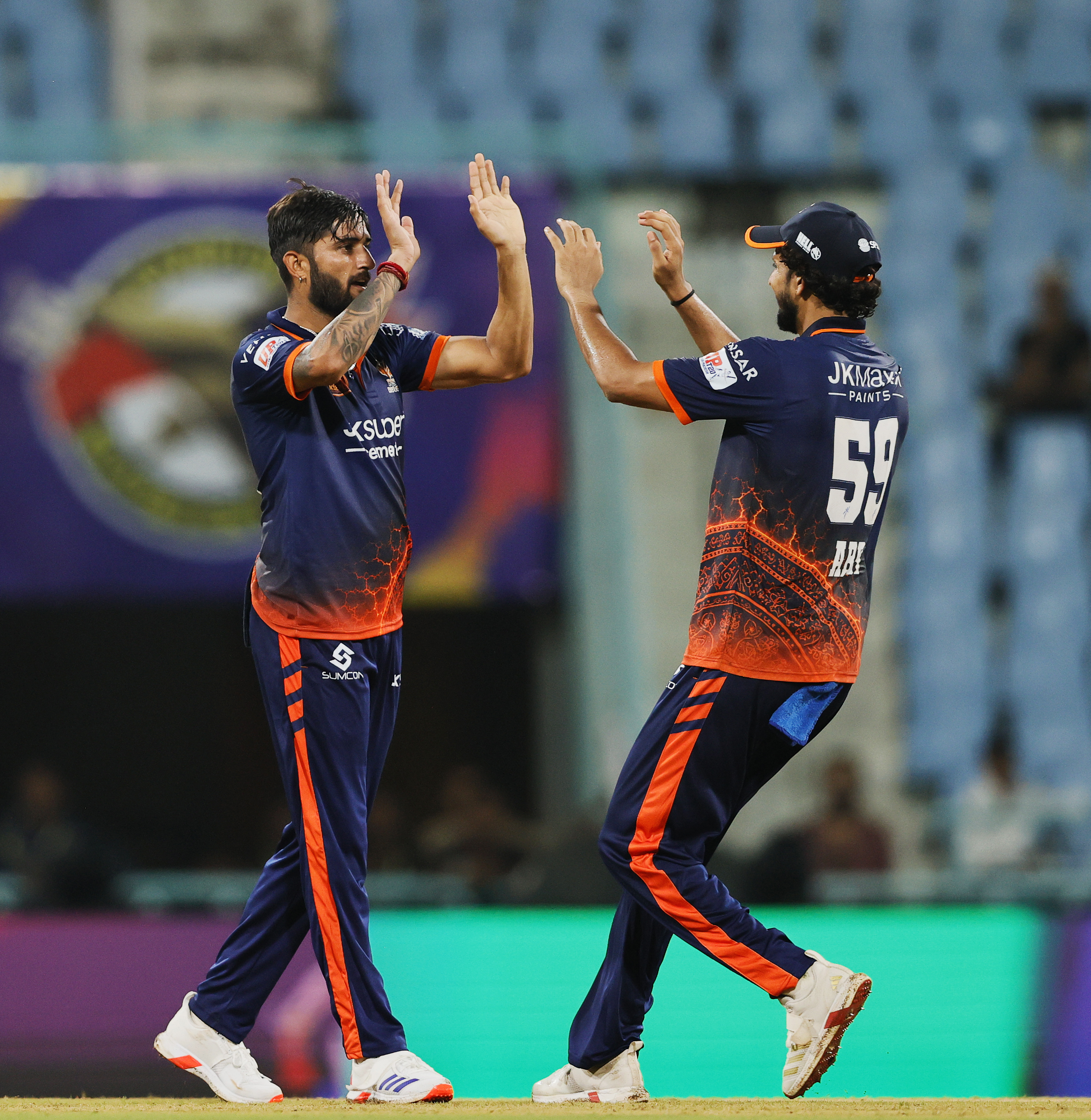 Sunil Kumar of Kashi Rudras celebrating the wicket during the UPT20 League 2026 Season 4 opening clash between Kashi Rudras and defending champions Meerut Mavericks at Bharat Ratna Shri Atal Bihari Vajpayee Ekana Cricket Stadium, Lucknow, Uttar Pradesh, India, intense evening T20 action lights up Match 1 of the tournament.Photos by: s Saikat Das / aceimages.in for UPT20