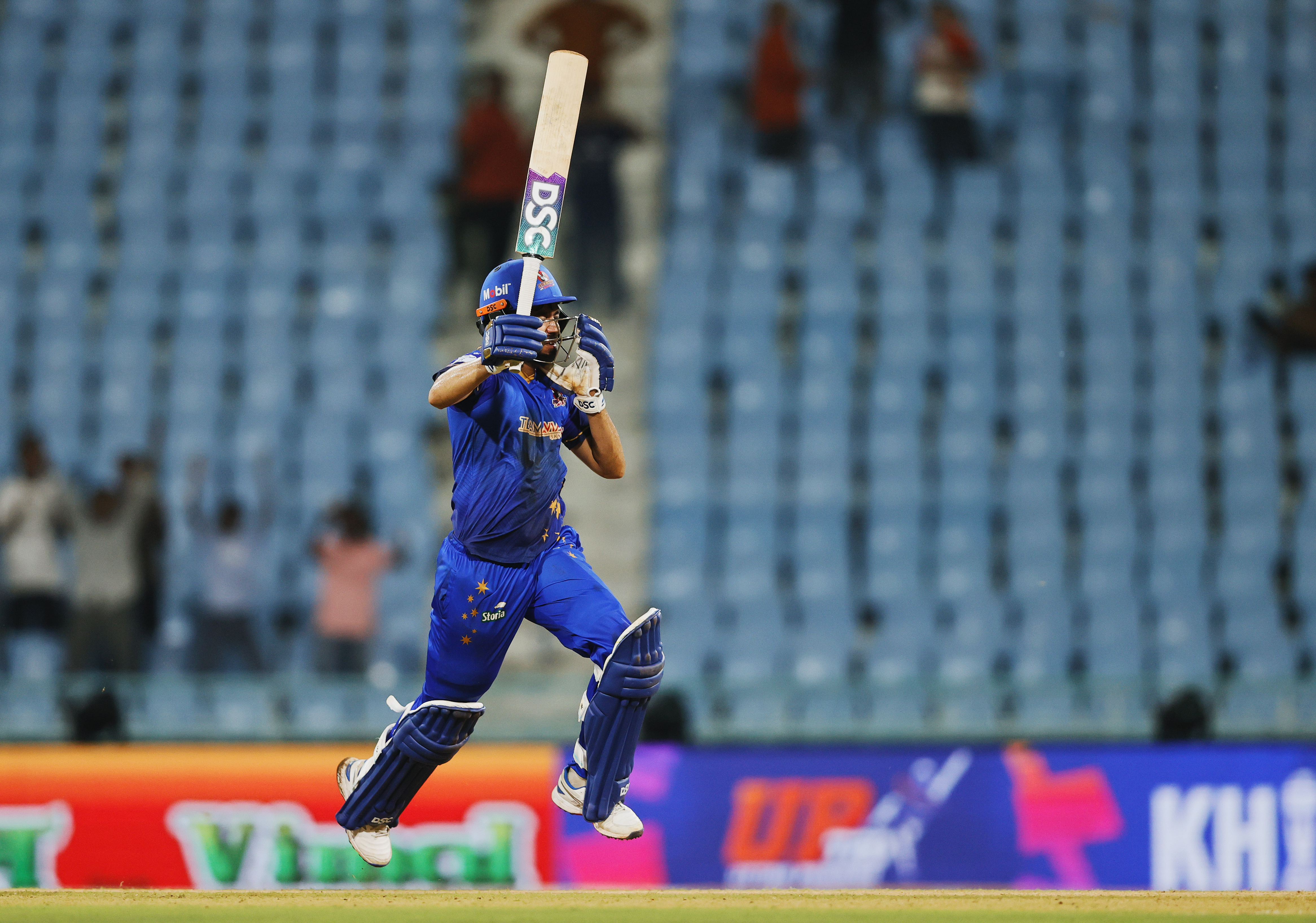 Yash Garg of Meerut Mavericks celebrating win during the UPT20 League 2026 Season 4 opening clash between Kashi Rudras and defending champions Meerut Mavericks at Bharat Ratna Shri Atal Bihari Vajpayee Ekana Cricket Stadium, Lucknow, Uttar Pradesh, India, intense evening T20 action lights up Match 1 of the tournament.Photos by: s Saikat Das / aceimages.in for UPT20