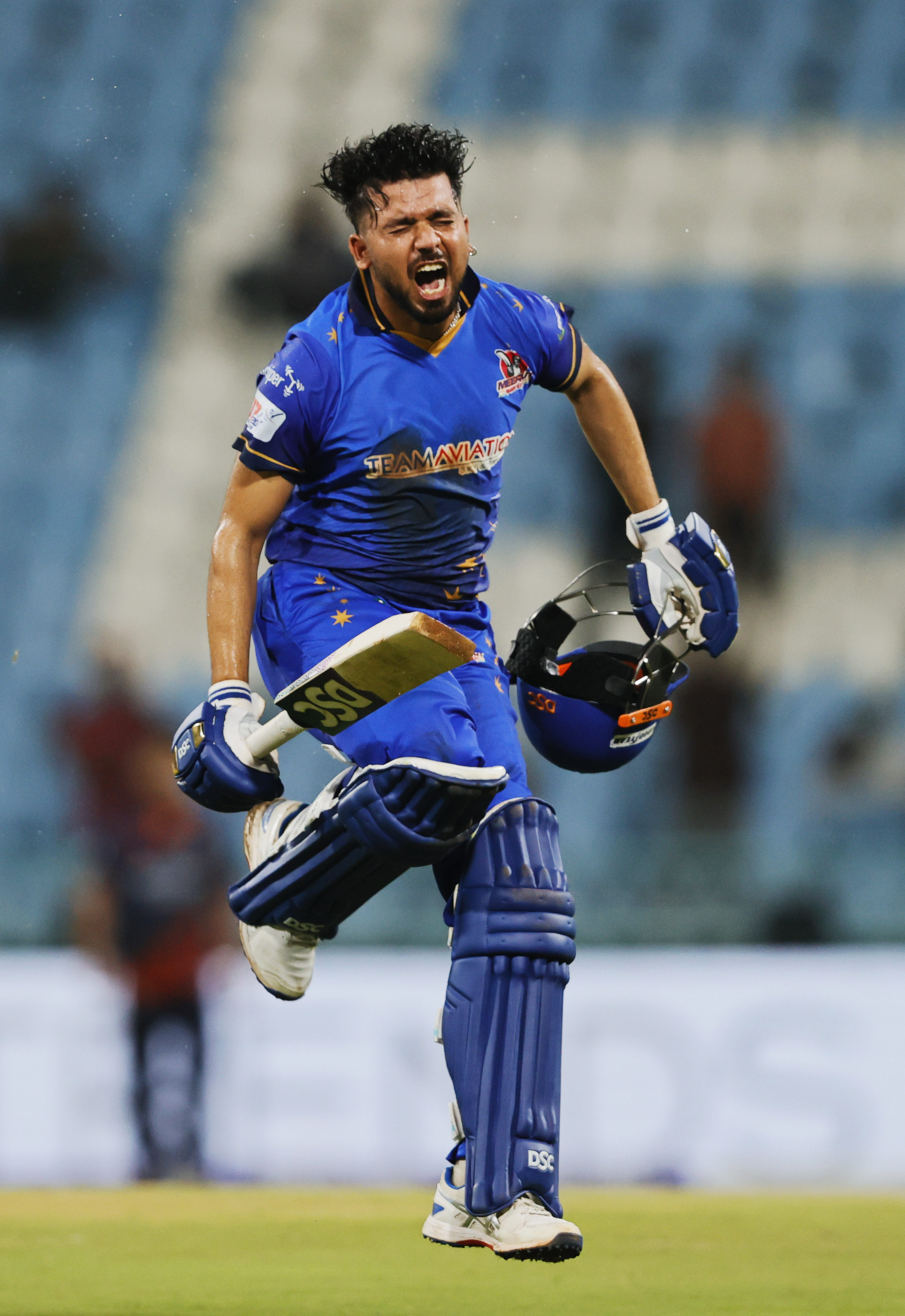 Yash Garg of Meerut Mavericks celebrating win during the UPT20 League 2026 Season 4 opening clash between Kashi Rudras and defending champions Meerut Mavericks at Bharat Ratna Shri Atal Bihari Vajpayee Ekana Cricket Stadium, Lucknow, Uttar Pradesh, India, intense evening T20 action lights up Match 1 of the tournament.Photos by: s Saikat Das / aceimages.in for UPT20