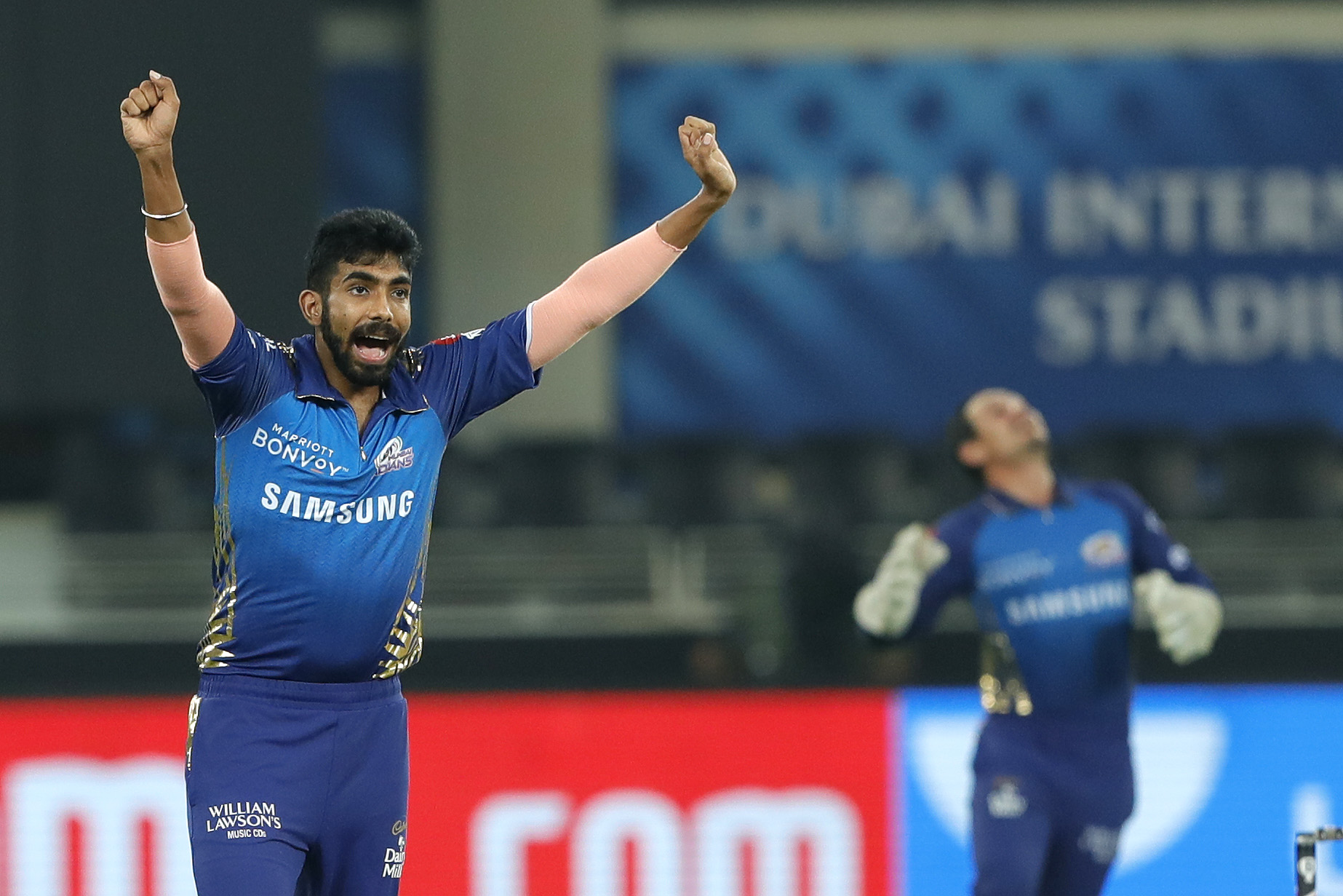 Jasprit Bumrah of Mumbai Indians  appeals for the wicket of  AB de Villiers of Royal Challengers Bangalore during match 10 of season 13 of the Dream 11 Indian Premier League (IPL) between The Royal Challengers Bangalore and The Mumbai Indians held at the Dubai International Cricket Stadium, Dubai in the United Arab Emirates on the 28th September 2020.  Photo by: Saikat Das  / Sportzpics for BCCI