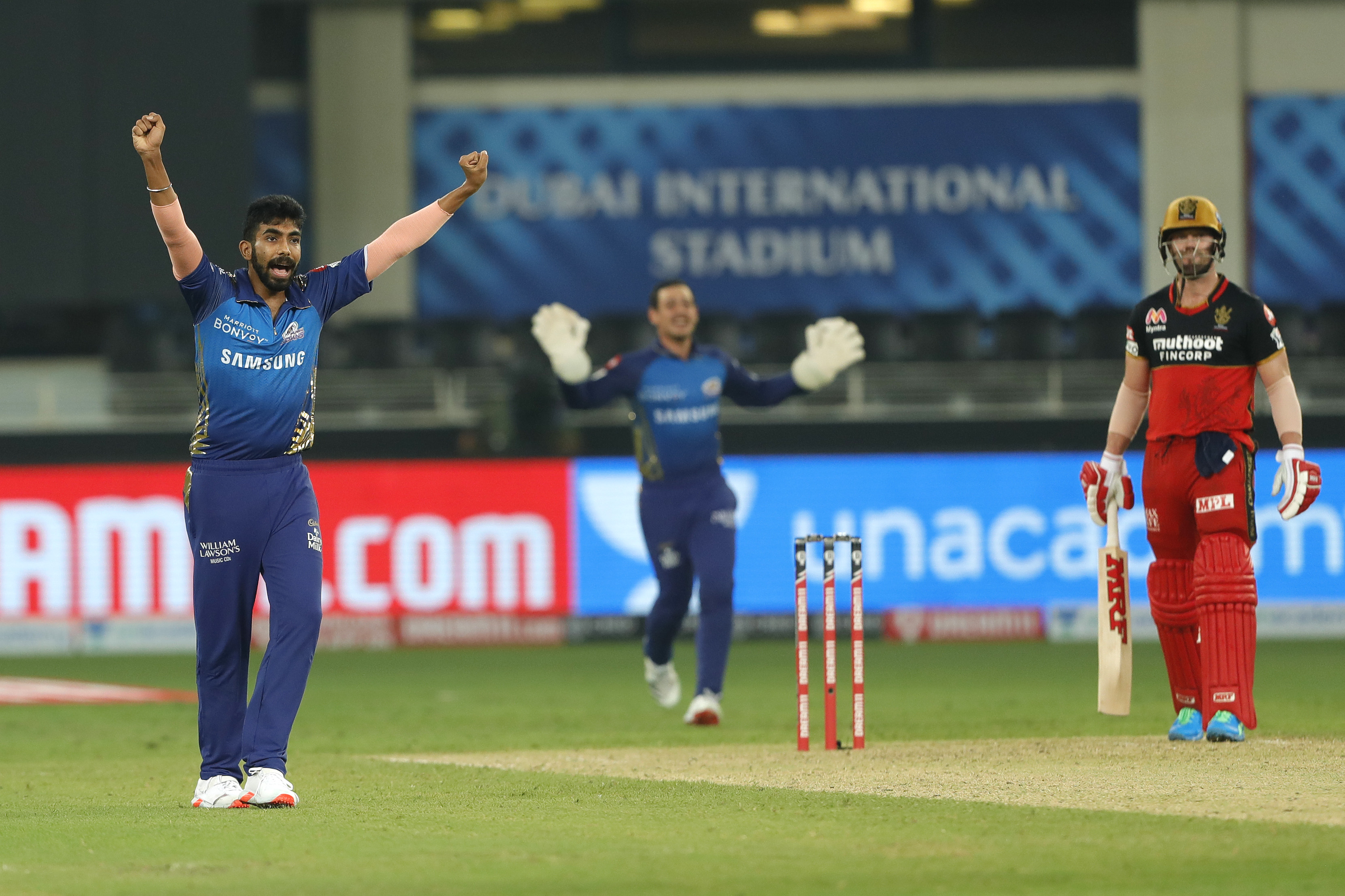 Jasprit Bumrah of Mumbai Indians  appeals for the wicket of  AB de Villiers of Royal Challengers Bangalore during match 10 of season 13 of the Dream 11 Indian Premier League (IPL) between The Royal Challengers Bangalore and The Mumbai Indians held at the Dubai International Cricket Stadium, Dubai in the United Arab Emirates on the 28th September 2020.  Photo by: Saikat Das  / Sportzpics for BCCI