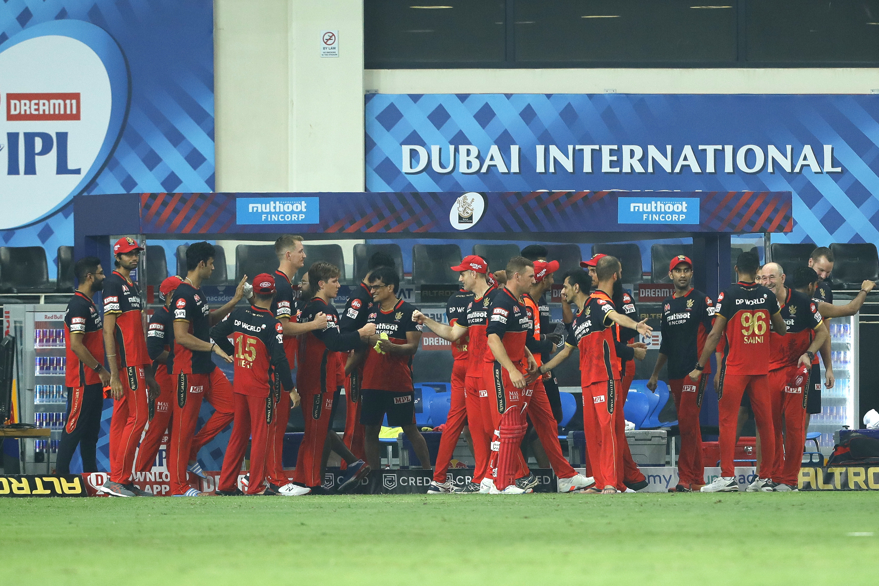 The Royal Challengers Bangalore  celebrates the win during match 10 of season 13 of the Dream 11 Indian Premier League (IPL) between The Royal Challengers Bangalore and The Mumbai Indians held at the Dubai International Cricket Stadium, Dubai in the United Arab Emirates on the 28th September 2020.  Photo by: Saikat Das  / Sportzpics for BCCI