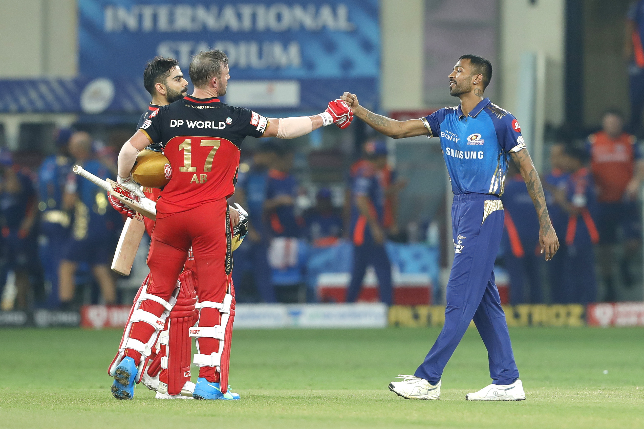The Royal Challengers Bangalore  celebrates the win during match 10 of season 13 of the Dream 11 Indian Premier League (IPL) between The Royal Challengers Bangalore and The Mumbai Indians held at the Dubai International Cricket Stadium, Dubai in the United Arab Emirates on the 28th September 2020.  Photo by: Saikat Das  / Sportzpics for BCCI