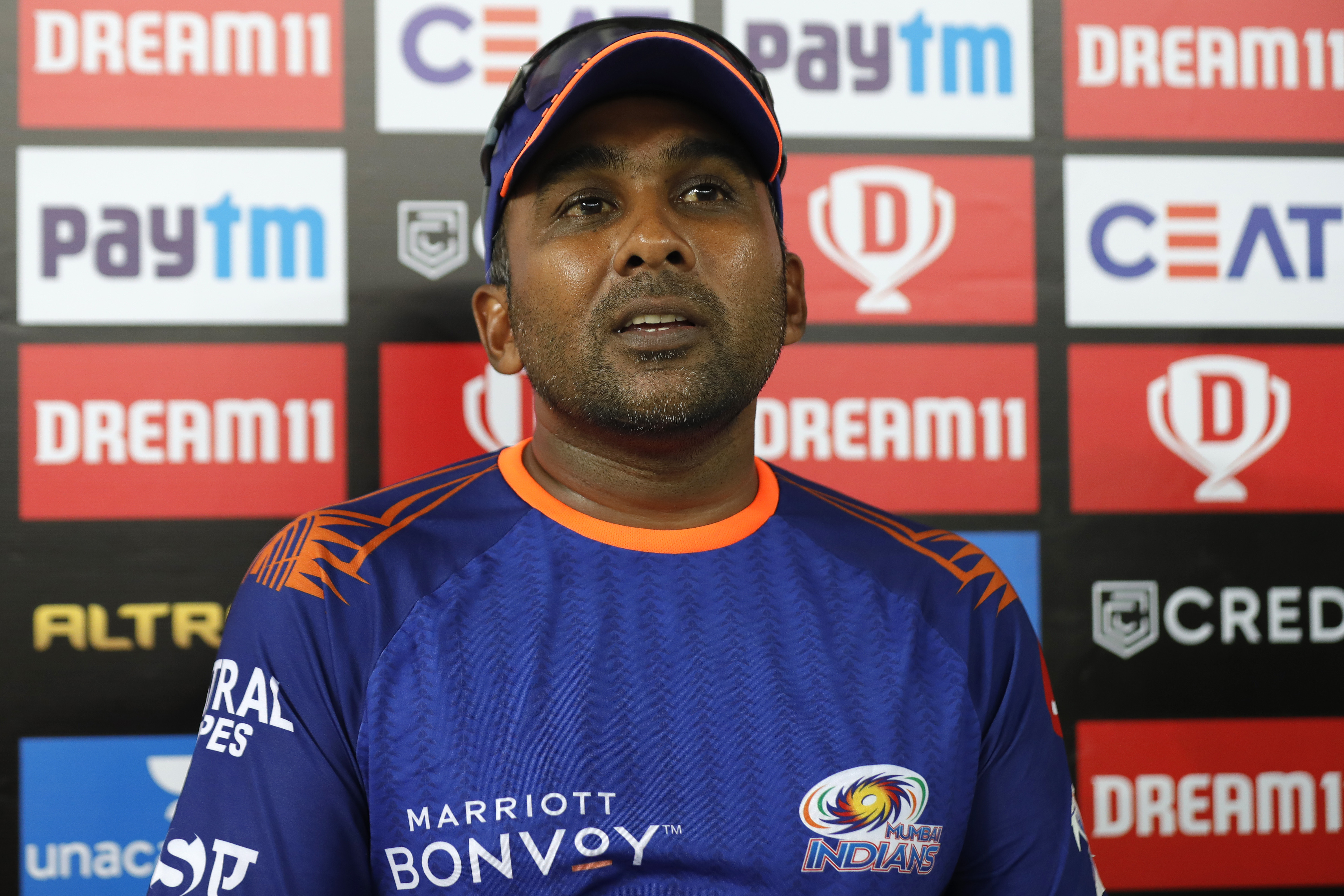 The Mumbai Indians Coach Mahela Jayawardene at PC during match 10 of season 13 of the Dream 11 Indian Premier League (IPL) between The Royal Challengers Bangalore and The Mumbai Indians held at the Dubai International Cricket Stadium, Dubai in the United Arab Emirates on the 28th September 2020.  Photo by: Saikat Das  / Sportzpics for BCCI