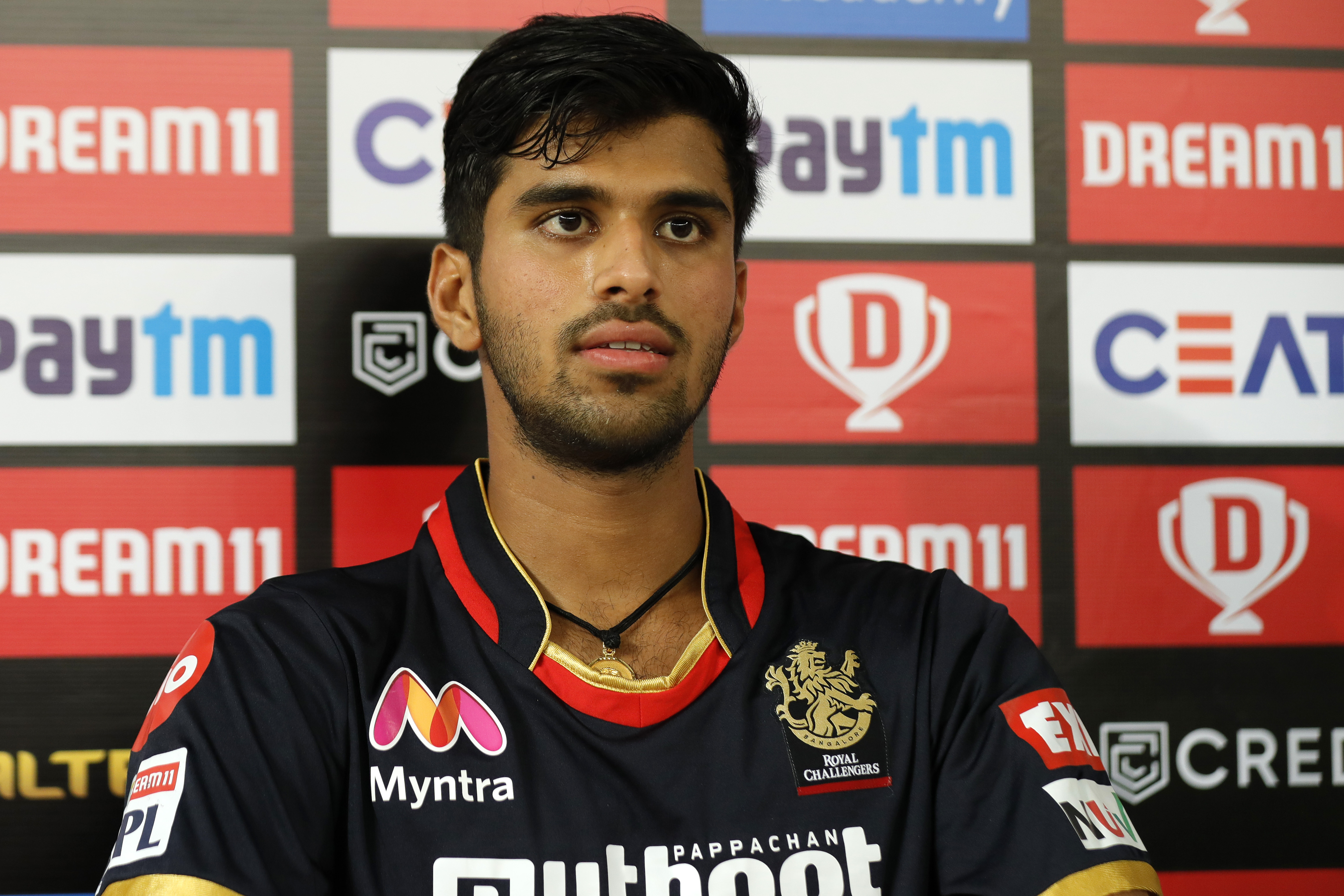 Washington Sundar of Royal Challengers Bangalore at PC during match 10 of season 13 of the Dream 11 Indian Premier League (IPL) between The Royal Challengers Bangalore and The Mumbai Indians held at the Dubai International Cricket Stadium, Dubai in the United Arab Emirates on the 28th September 2020.  Photo by: Saikat Das  / Sportzpics for BCCI