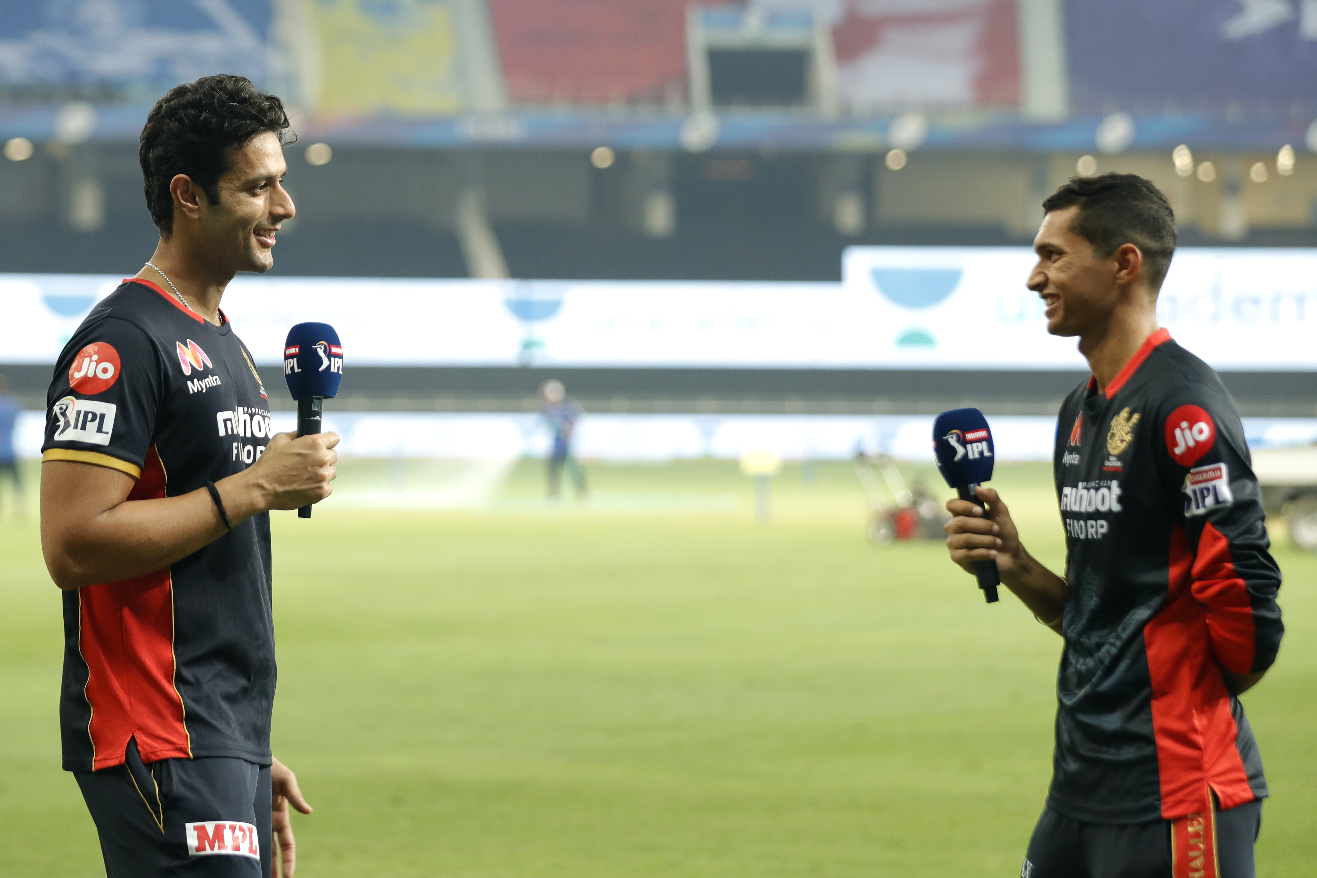 Navdeep Saini of Royal Challengers Bangalore and Shivam Dube of Royal Challengers Bangalore at social media chat during match 10 of season 13 of the Dream 11 Indian Premier League (IPL) between The Royal Challengers Bangalore and The Mumbai Indians held at the Dubai International Cricket Stadium, Dubai in the United Arab Emirates on the 28th September 2020.  Photo by: Saikat Das  / Sportzpics for BCCI