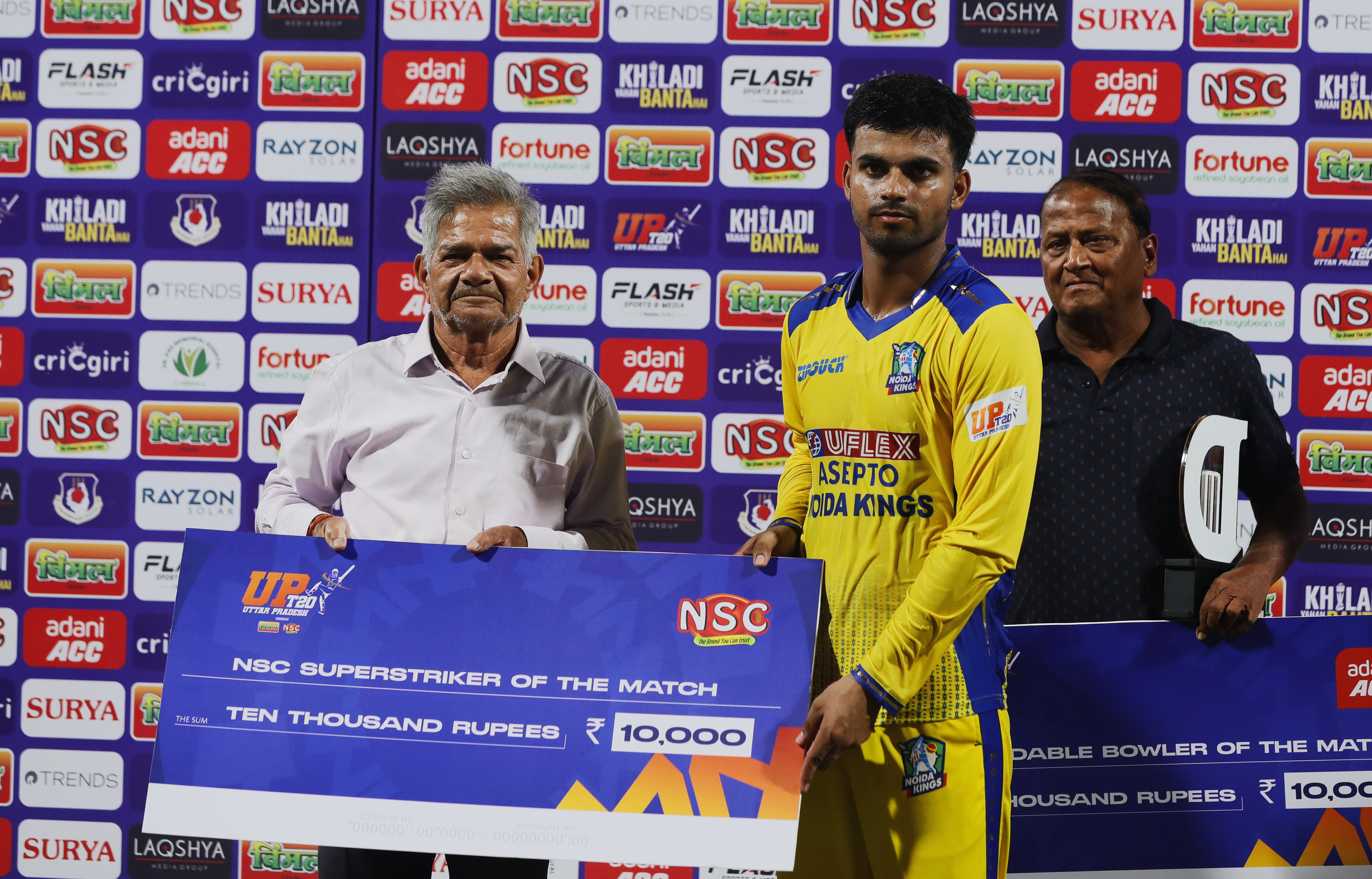 Bobby Yadav of Noida Kings receiving NSC Super Striker of the Match award during the UPT20 League Season 4 afternoon fixture on 15 August 2026 at Bharat Ratna Shri Atal Bihari Vajpayee Ekana Cricket Stadium, Lucknow, Uttar Pradesh, India, Noida Kings take on Kanpur Superstars in Match 2 as the tournament continues with high‑intensity T20 action.Photos by: s Saikat Das / aceimages.in for UPT20