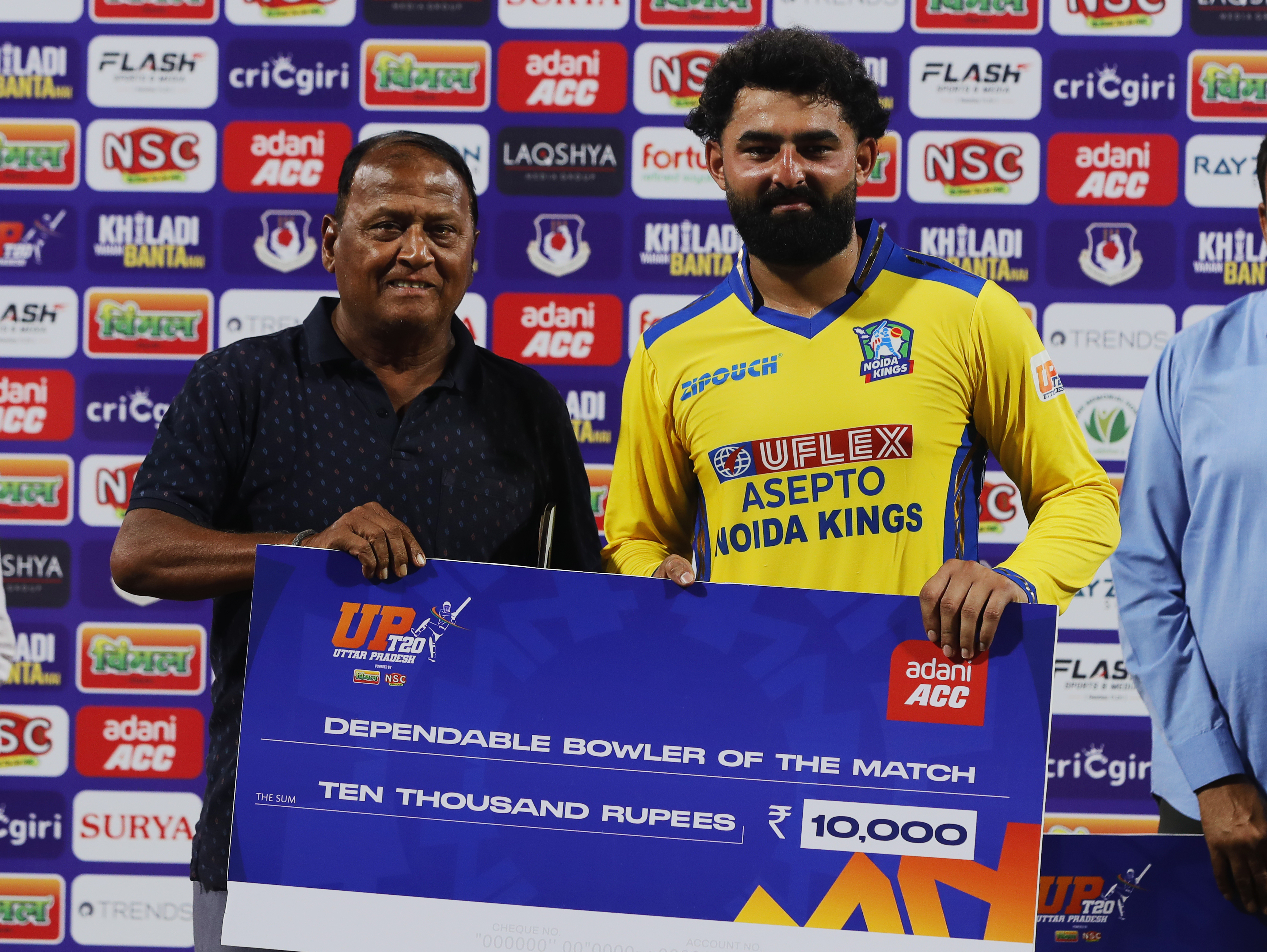 Shiva Singh of Noida Kings receiving Dependable Bowler of the Match award during the UPT20 League Season 4 afternoon fixture on 15 August 2026 at Bharat Ratna Shri Atal Bihari Vajpayee Ekana Cricket Stadium, Lucknow, Uttar Pradesh, India, Noida Kings take on Kanpur Superstars in Match 2 as the tournament continues with high‑intensity T20 action.Photos by: s Saikat Das / aceimages.in for UPT20