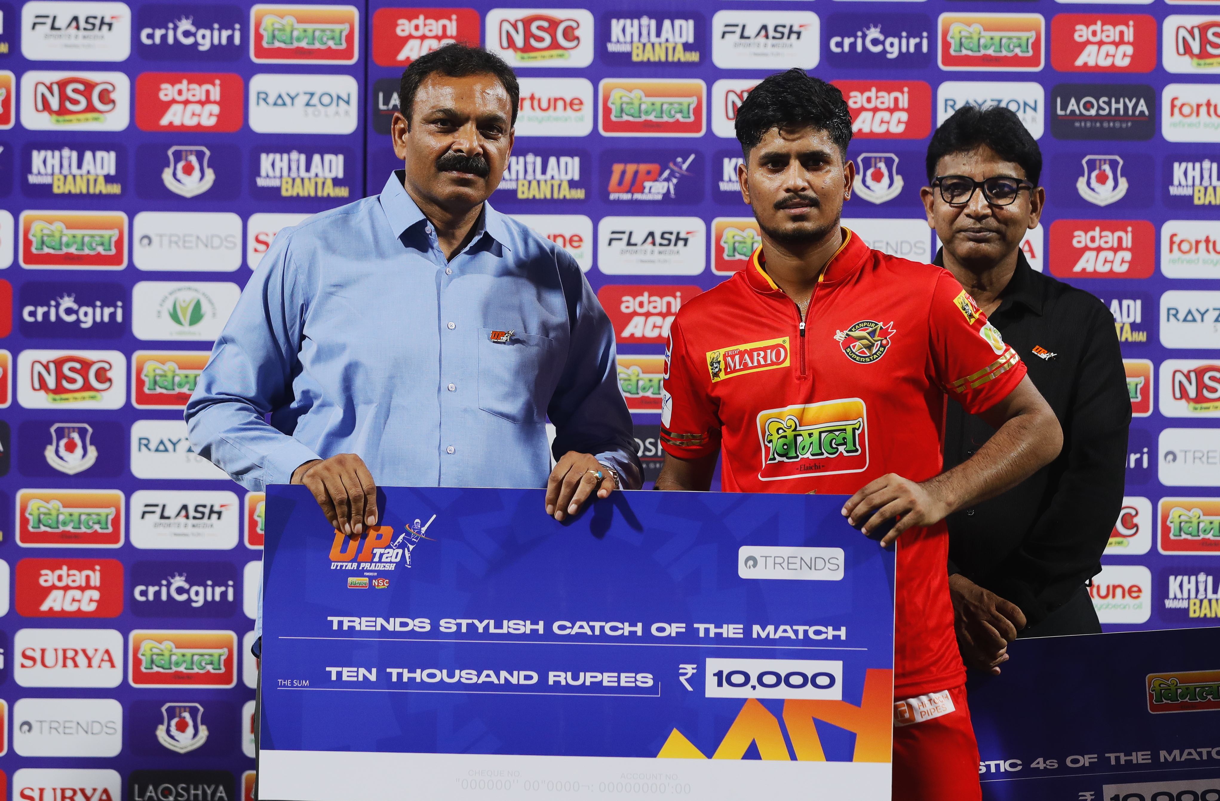 Ajay Kumar of Kanpur Superstars receiving Trends Stylish Catch of the Match award during the UPT20 League Season 4 afternoon fixture on 15 August 2026 at Bharat Ratna Shri Atal Bihari Vajpayee Ekana Cricket Stadium, Lucknow, Uttar Pradesh, India, Noida Kings take on Kanpur Superstars in Match 2 as the tournament continues with high‑intensity T20 action.Photos by: s Saikat Das / aceimages.in for UPT20
