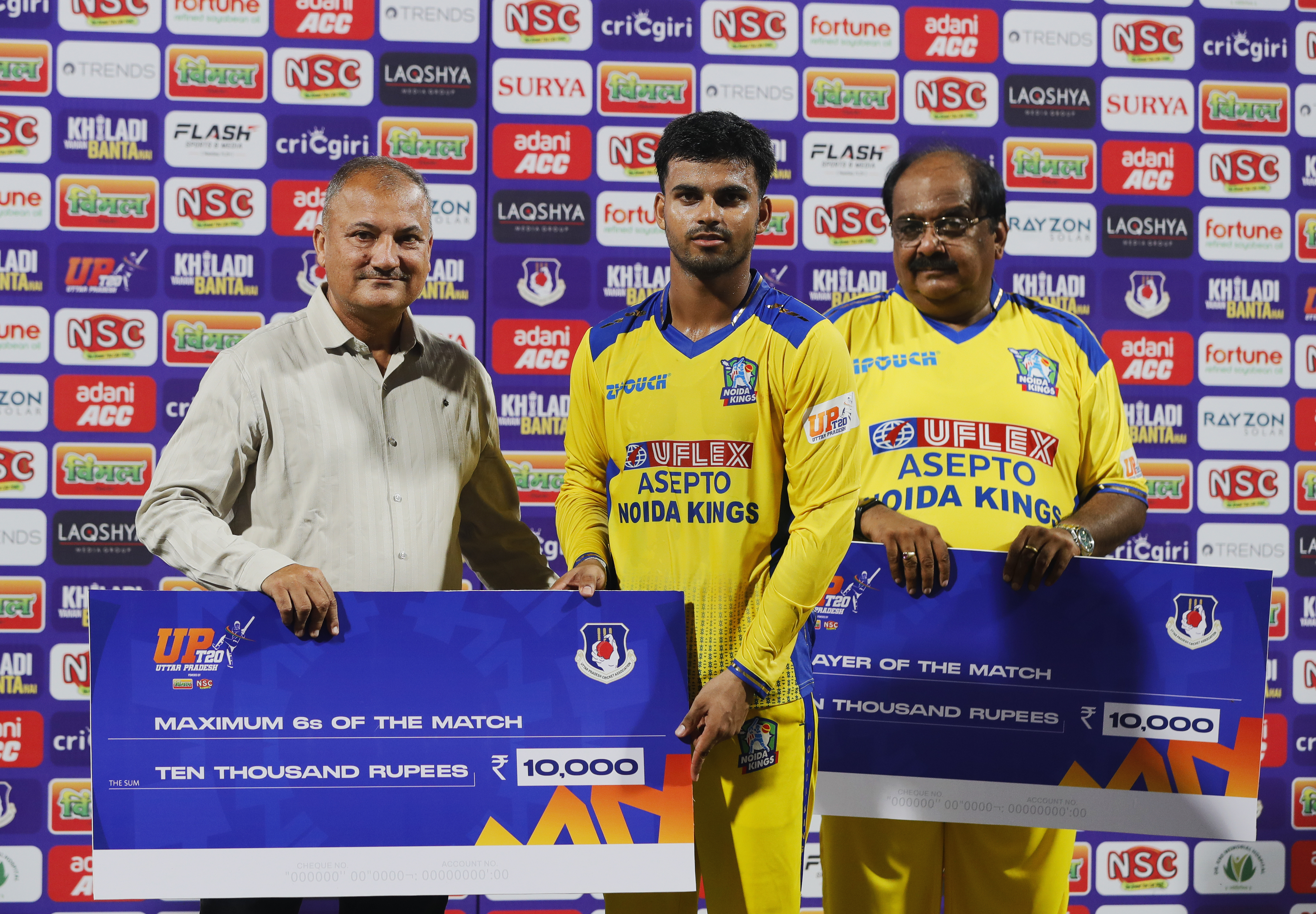 Bobby Yadav of Noida Kings receiving Maximum Sixes of the Match award during the UPT20 League Season 4 afternoon fixture on 15 August 2026 at Bharat Ratna Shri Atal Bihari Vajpayee Ekana Cricket Stadium, Lucknow, Uttar Pradesh, India, Noida Kings take on Kanpur Superstars in Match 2 as the tournament continues with high‑intensity T20 action.Photos by: s Saikat Das / aceimages.in for UPT20