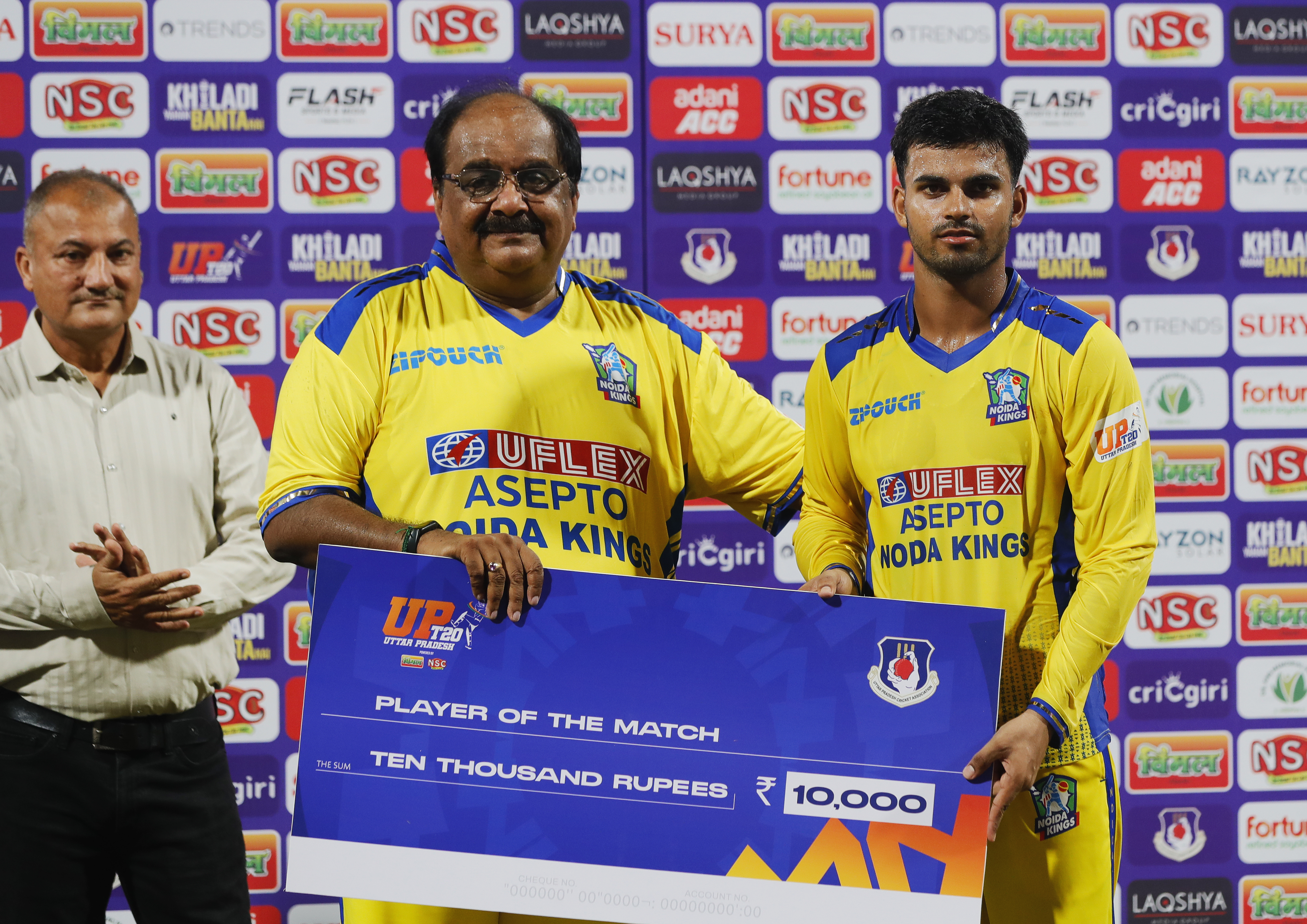 Bobby Yadav of Noida Kings receiving Player of The Match award during the UPT20 League Season 4 afternoon fixture on 15 August 2026 at Bharat Ratna Shri Atal Bihari Vajpayee Ekana Cricket Stadium, Lucknow, Uttar Pradesh, India, Noida Kings take on Kanpur Superstars in Match 2 as the tournament continues with high‑intensity T20 action.Photos by: s Saikat Das / aceimages.in for UPT20