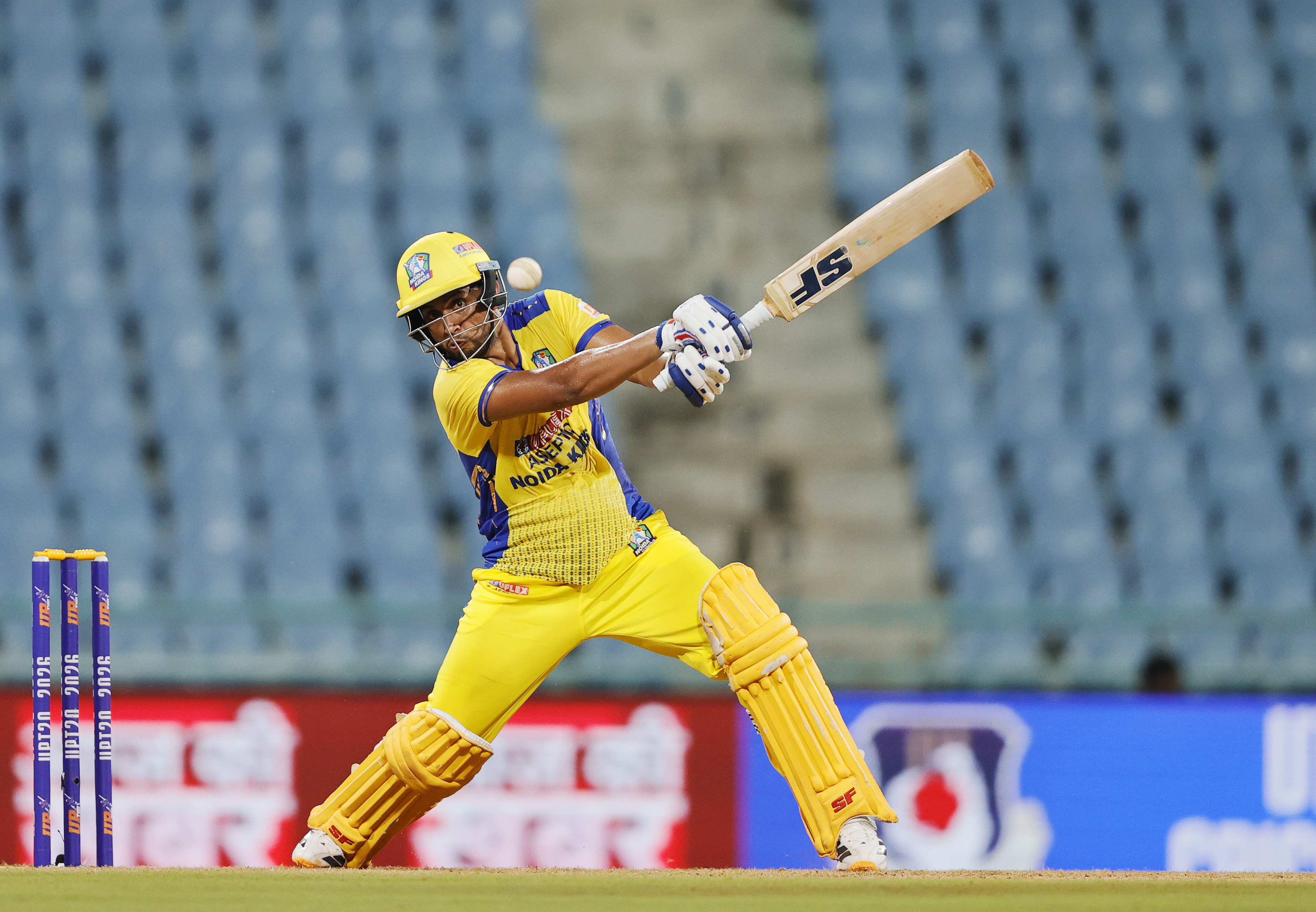 Bobby Yadav of Noida Kings hitting a four during the UPT20 League Season 4 afternoon fixture on 15 August 2026 at Bharat Ratna Shri Atal Bihari Vajpayee Ekana Cricket Stadium, Lucknow, Uttar Pradesh, India, Noida Kings take on Kanpur Superstars in Match 2 as the tournament continues with high‑intensity T20 action.Photos by: s Saikat Das / aceimages.in for UPT20