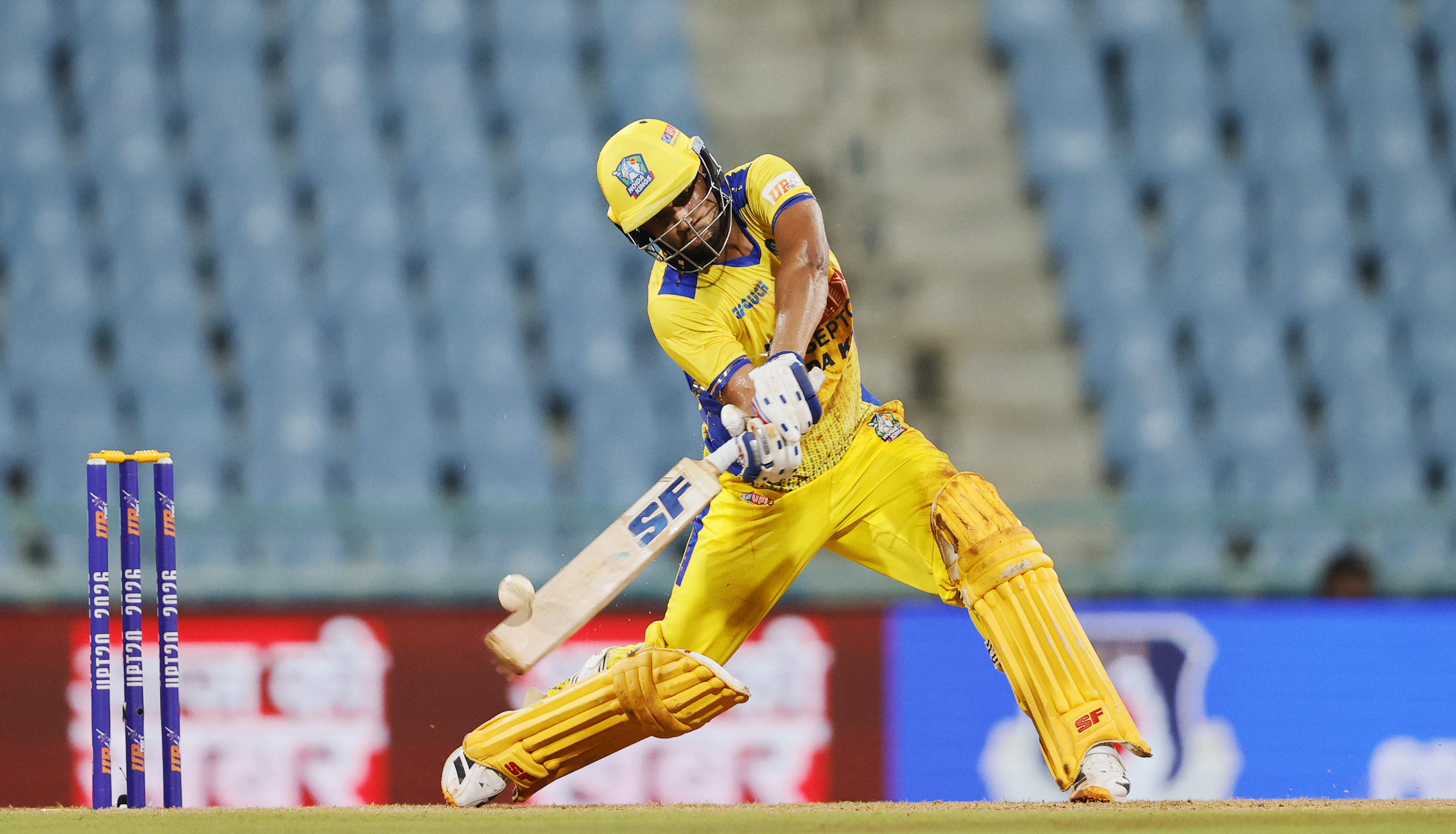 Bobby Yadav of Noida Kings hitting a four during the UPT20 League Season 4 afternoon fixture on 15 August 2026 at Bharat Ratna Shri Atal Bihari Vajpayee Ekana Cricket Stadium, Lucknow, Uttar Pradesh, India, Noida Kings take on Kanpur Superstars in Match 2 as the tournament continues with high‑intensity T20 action.Photos by: s Saikat Das / aceimages.in for UPT20