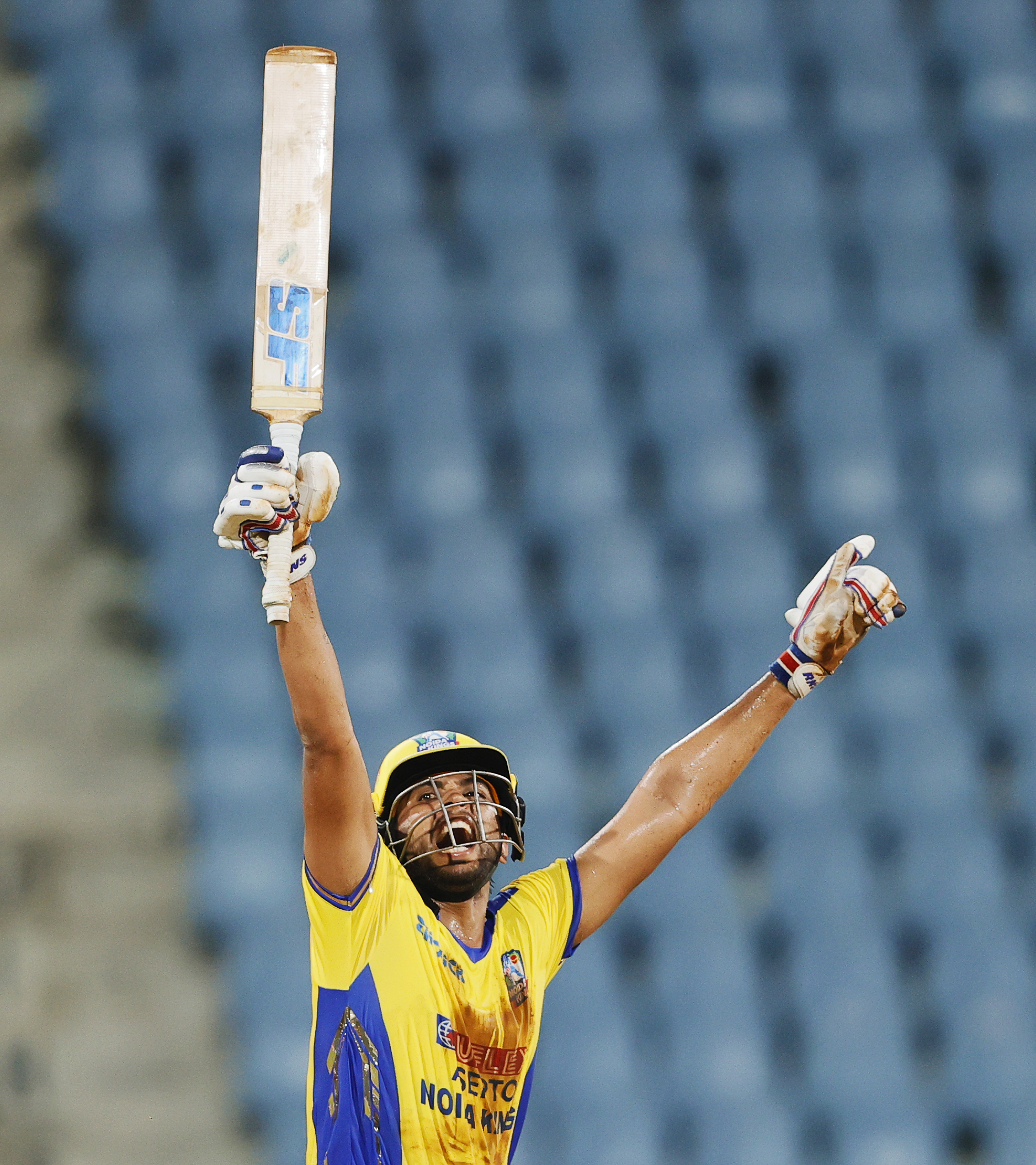 Bobby Yadav of Noida Kings celebrating win during the UPT20 League Season 4 afternoon fixture on 15 August 2026 at Bharat Ratna Shri Atal Bihari Vajpayee Ekana Cricket Stadium, Lucknow, Uttar Pradesh, India, Noida Kings take on Kanpur Superstars in Match 2 as the tournament continues with high‑intensity T20 action.Photos by: s Saikat Das / aceimages.in for UPT20