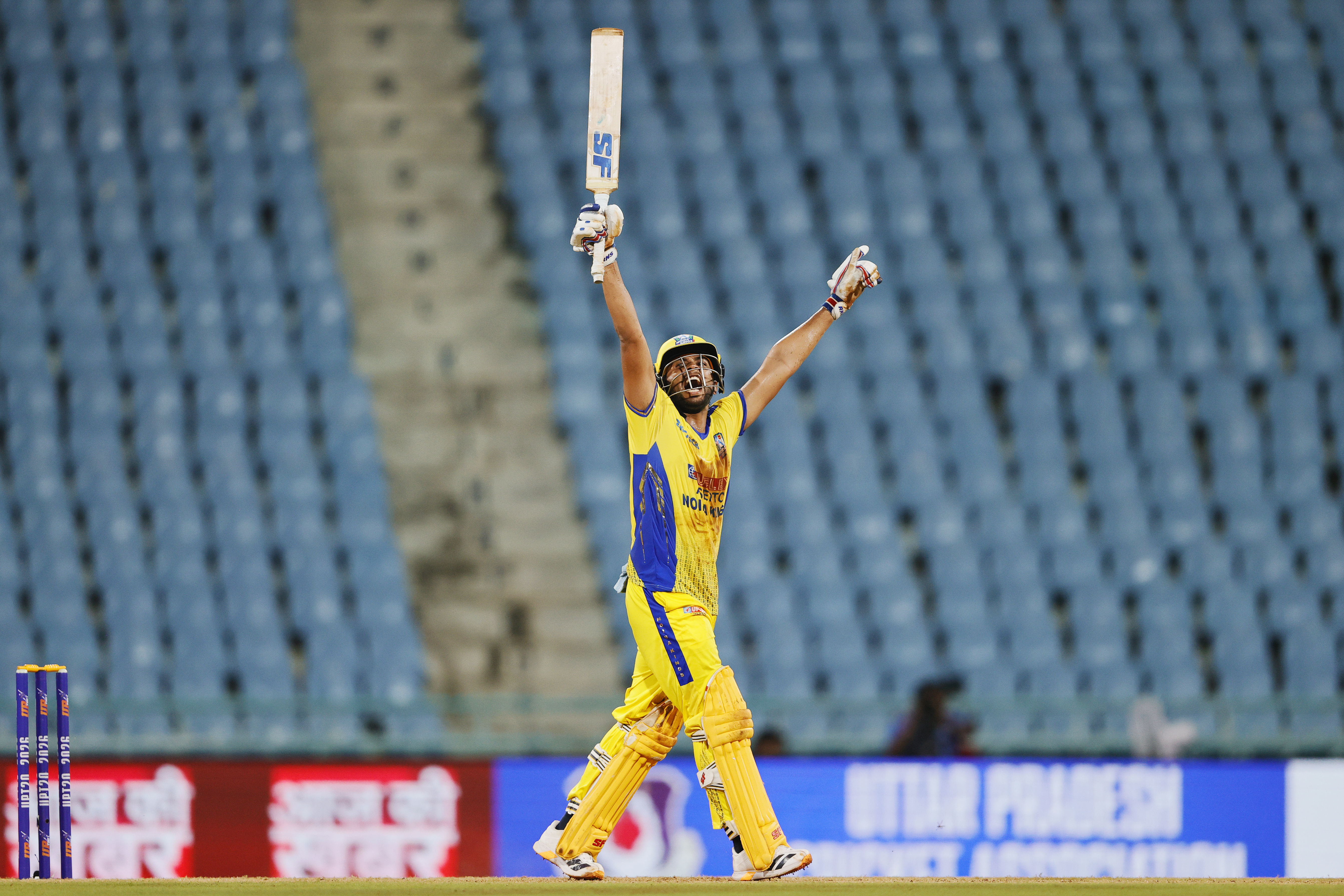 Bobby Yadav of Noida Kings celebrating win during the UPT20 League Season 4 afternoon fixture on 15 August 2026 at Bharat Ratna Shri Atal Bihari Vajpayee Ekana Cricket Stadium, Lucknow, Uttar Pradesh, India, Noida Kings take on Kanpur Superstars in Match 2 as the tournament continues with high‑intensity T20 action.Photos by: s Saikat Das / aceimages.in for UPT20