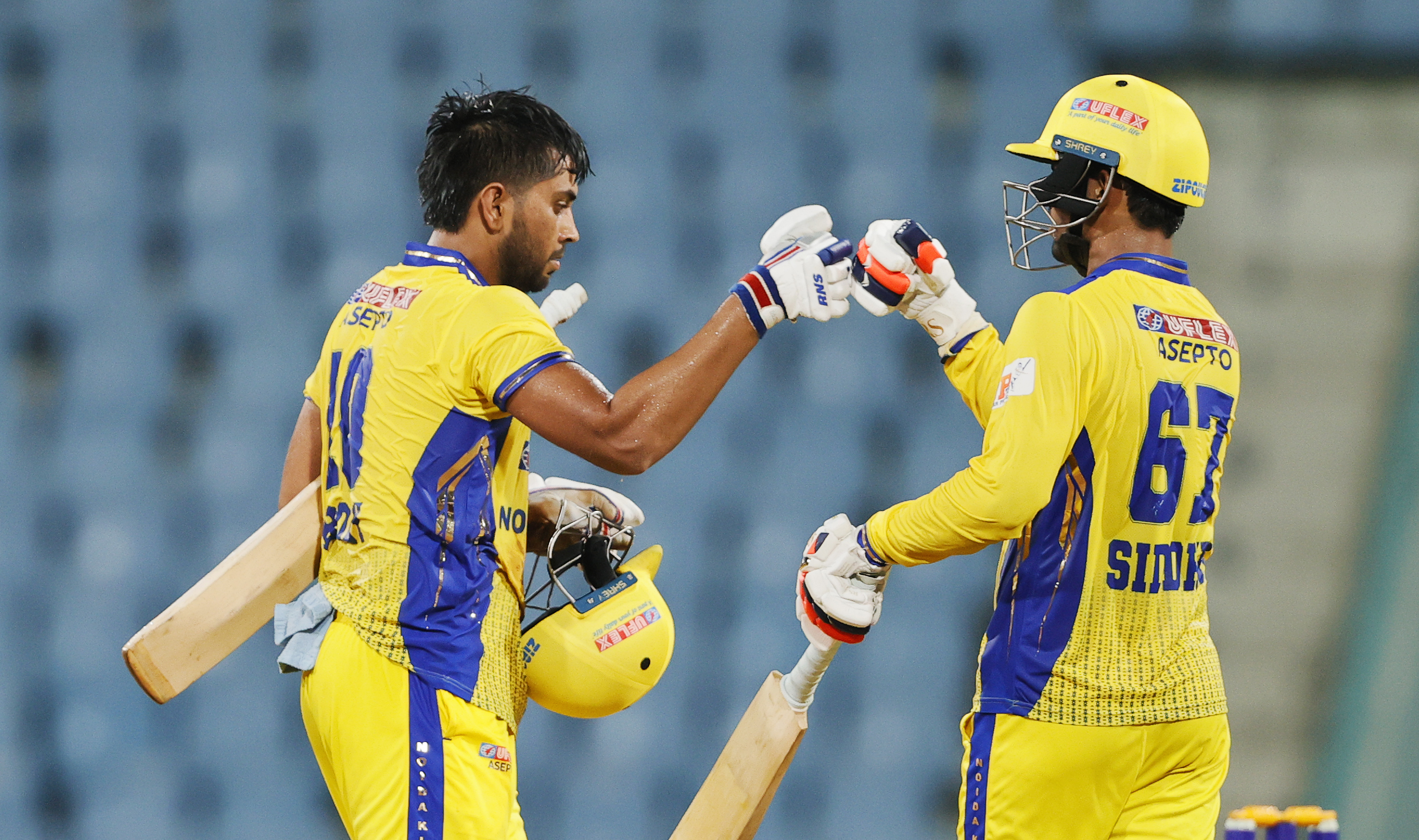 Aashu Israr of Noida Kings celebrating win during the UPT20 League Season 4 afternoon fixture on 15 August 2026 at Bharat Ratna Shri Atal Bihari Vajpayee Ekana Cricket Stadium, Lucknow, Uttar Pradesh, India, Noida Kings take on Kanpur Superstars in Match 2 as the tournament continues with high‑intensity T20 action.Photos by: s Saikat Das / aceimages.in for UPT20