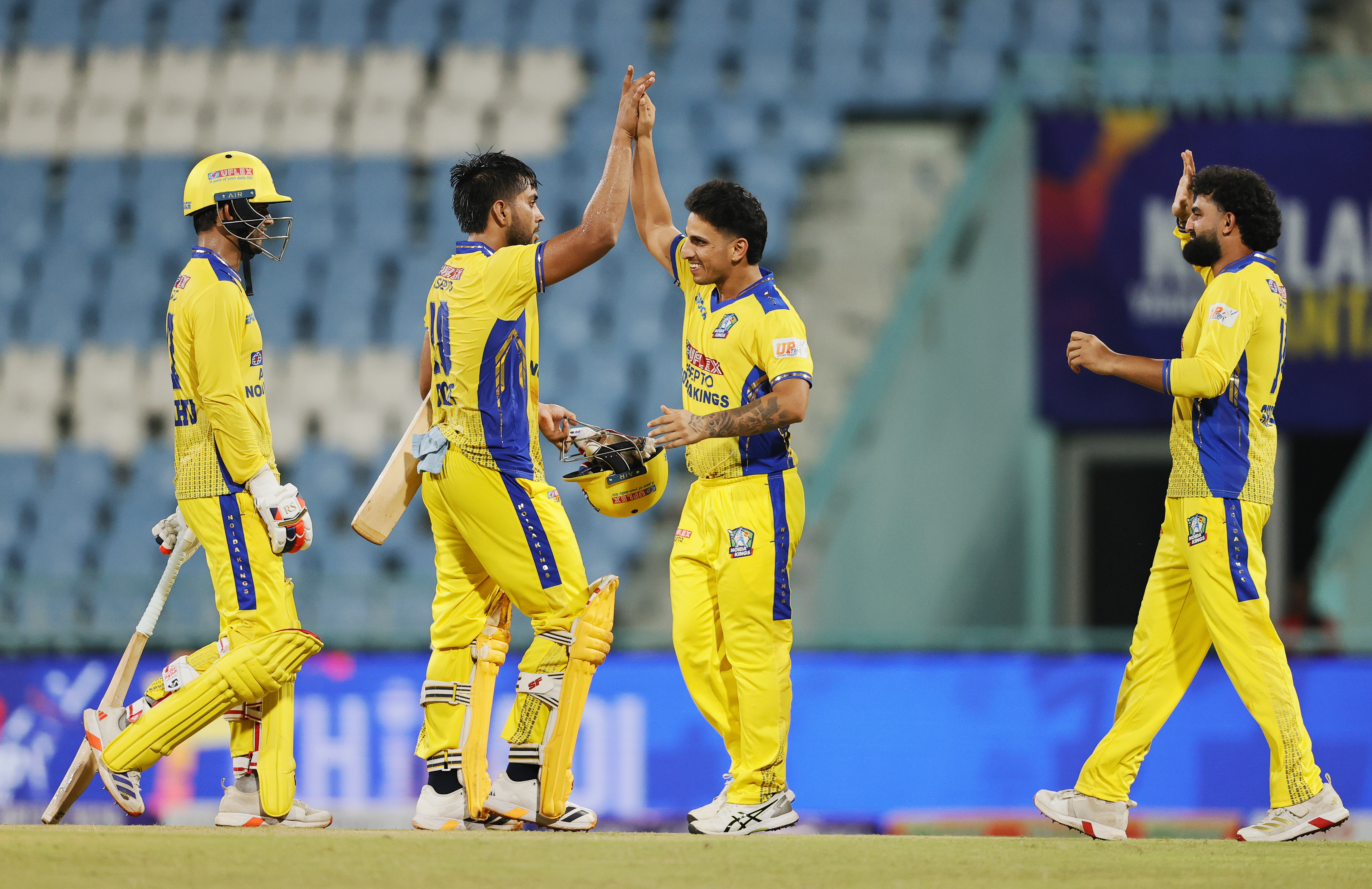 Aashu Israr of Noida Kings celebrating win during the UPT20 League Season 4 afternoon fixture on 15 August 2026 at Bharat Ratna Shri Atal Bihari Vajpayee Ekana Cricket Stadium, Lucknow, Uttar Pradesh, India, Noida Kings take on Kanpur Superstars in Match 2 as the tournament continues with high‑intensity T20 action.Photos by: s Saikat Das / aceimages.in for UPT20