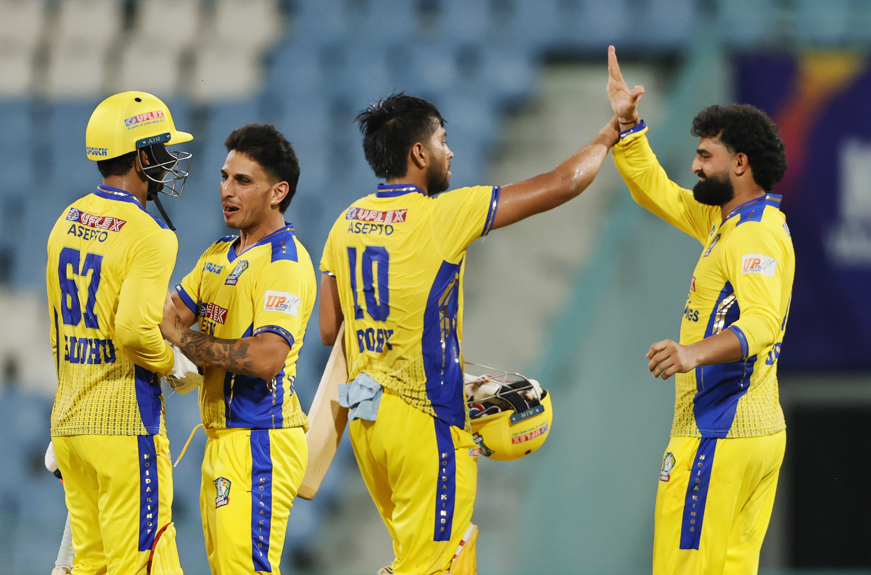 Aashu Israr of Noida Kings celebrating win during the UPT20 League Season 4 afternoon fixture on 15 August 2026 at Bharat Ratna Shri Atal Bihari Vajpayee Ekana Cricket Stadium, Lucknow, Uttar Pradesh, India, Noida Kings take on Kanpur Superstars in Match 2 as the tournament continues with high‑intensity T20 action.Photos by: s Saikat Das / aceimages.in for UPT20