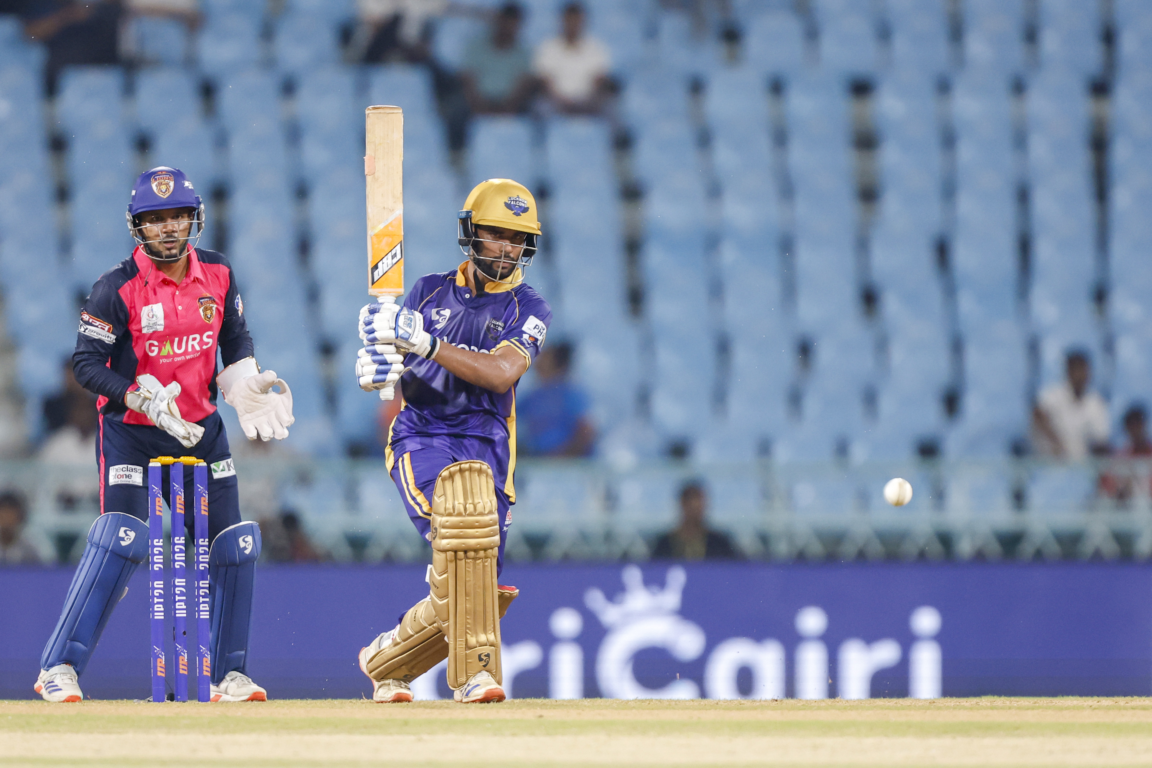 Satyam Pandey of Lucknow Falcons  play a shot during the UPT20 League Season 4 evening clash on 15 August 2026 at Bharat Ratna Shri Atal Bihari Vajpayee Ekana Cricket Stadium, Lucknow, Uttar Pradesh, India, Lucknow Falcons face Gaur Gorakhpur Lions in Match 3 under lights as the league’s double‑header day closes with high‑tempo T20 cricket.Photos by: Arjun Singh / aceimages.in for UPT20