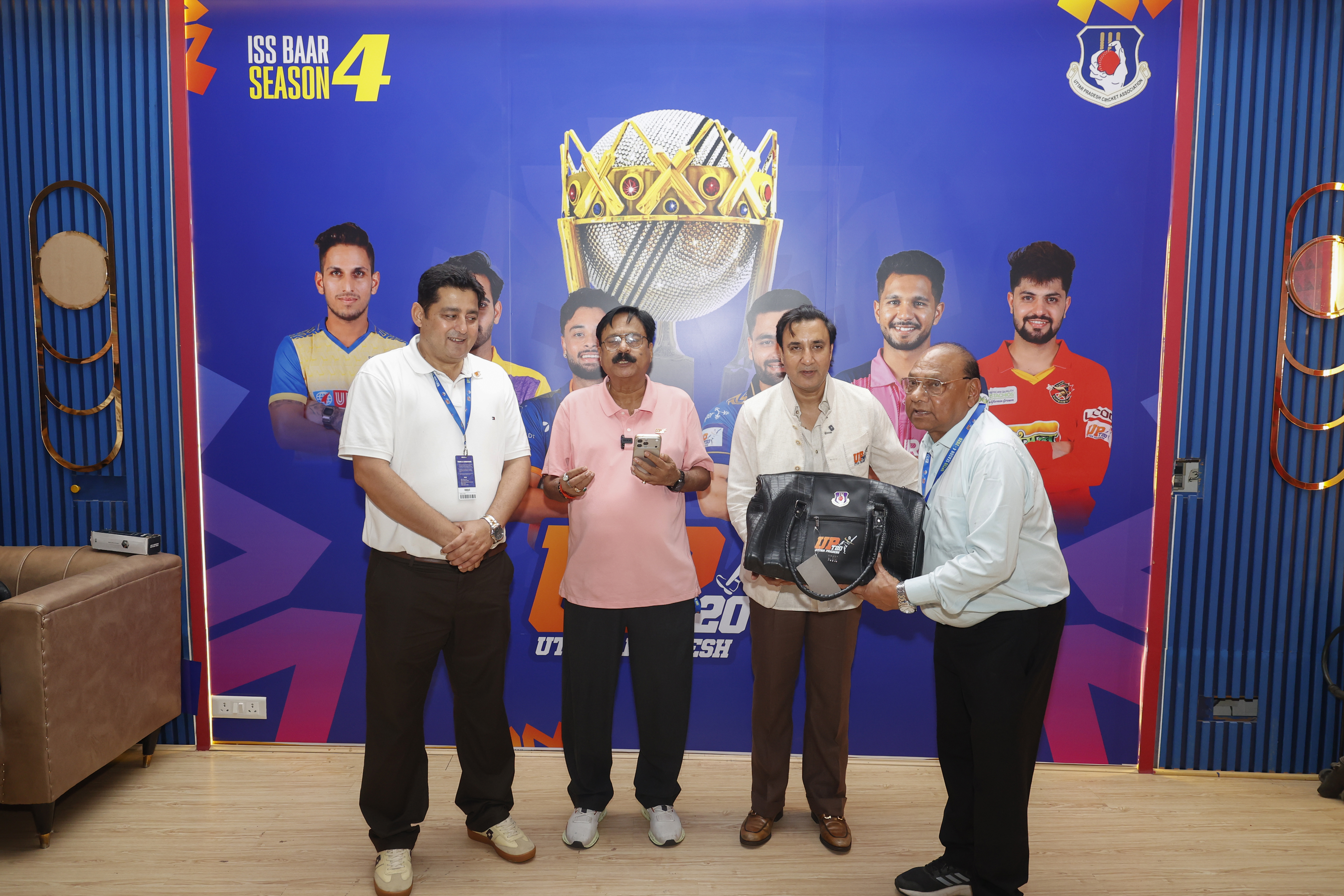 Dr Sanjay Kapoor, Chairman UPt20 Gov Council felicitating officials during the UPT20 League Season 4 evening clash on 15 August 2026 at Bharat Ratna Shri Atal Bihari Vajpayee Ekana Cricket Stadium, Lucknow, Uttar Pradesh, India, Lucknow Falcons face Gaur Gorakhpur Lions in Match 3 under lights as the league’s double‑header day closes with high‑tempo T20 cricket.Photos by: Tamal Das / aceimages.in for UPT20