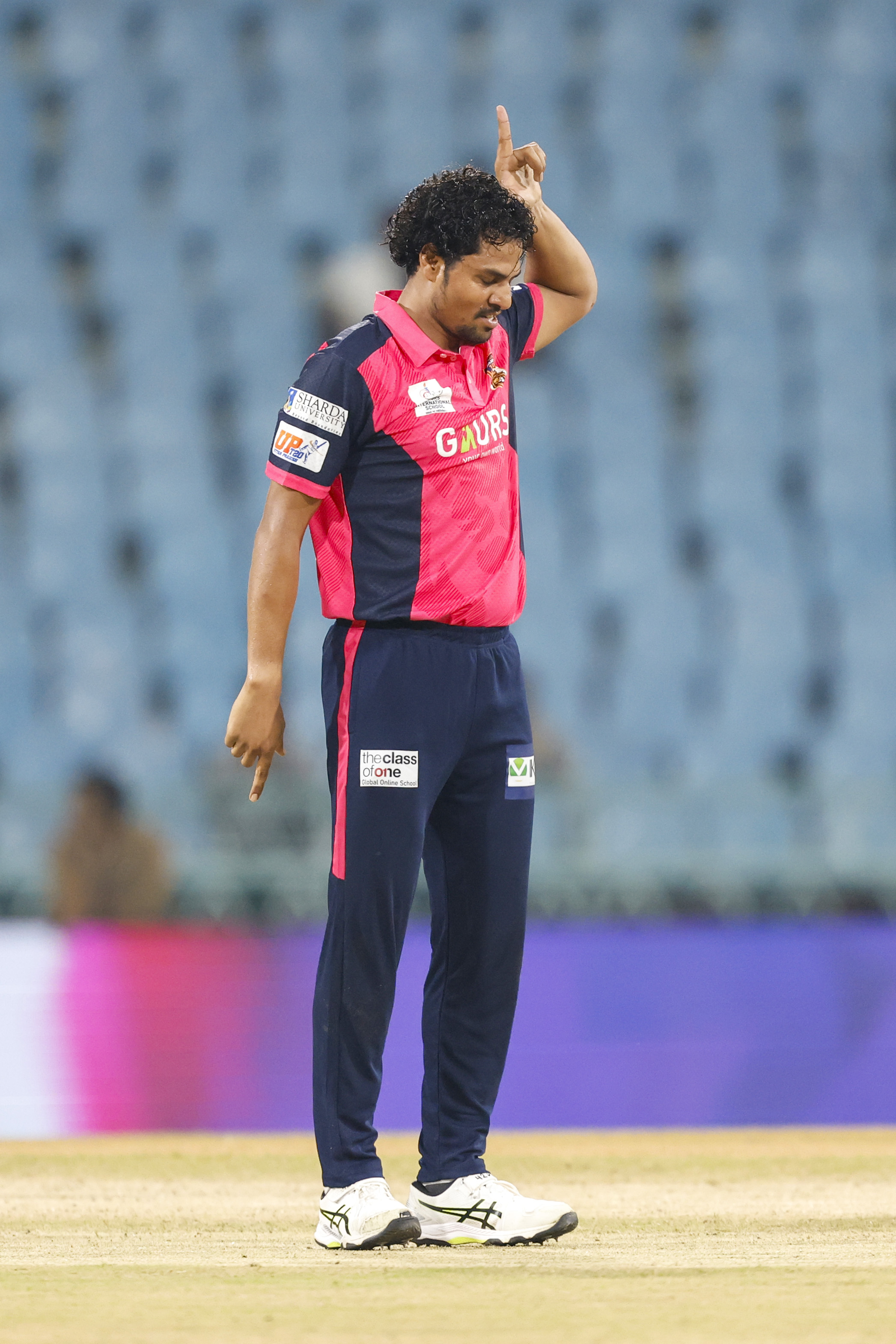 Rahul Sharma of Gaur Gorakhpur Lions celebrates the wicket during the UPT20 League Season 4 night clash on 16 August 2026 at Bharat Ratna Shri Atal Bihari Vajpayee Ekana Cricket Stadium, Lucknow, Uttar Pradesh, India, Gaur Gorakhpur Lions take on defending champions Meerut Mavericks in Match 5 under lights as Purvanchal’s pride meets Meerut’s grit in a high‑intensity T20 battle.Photos by:Arjun Singh / aceimages.in for UPT20
