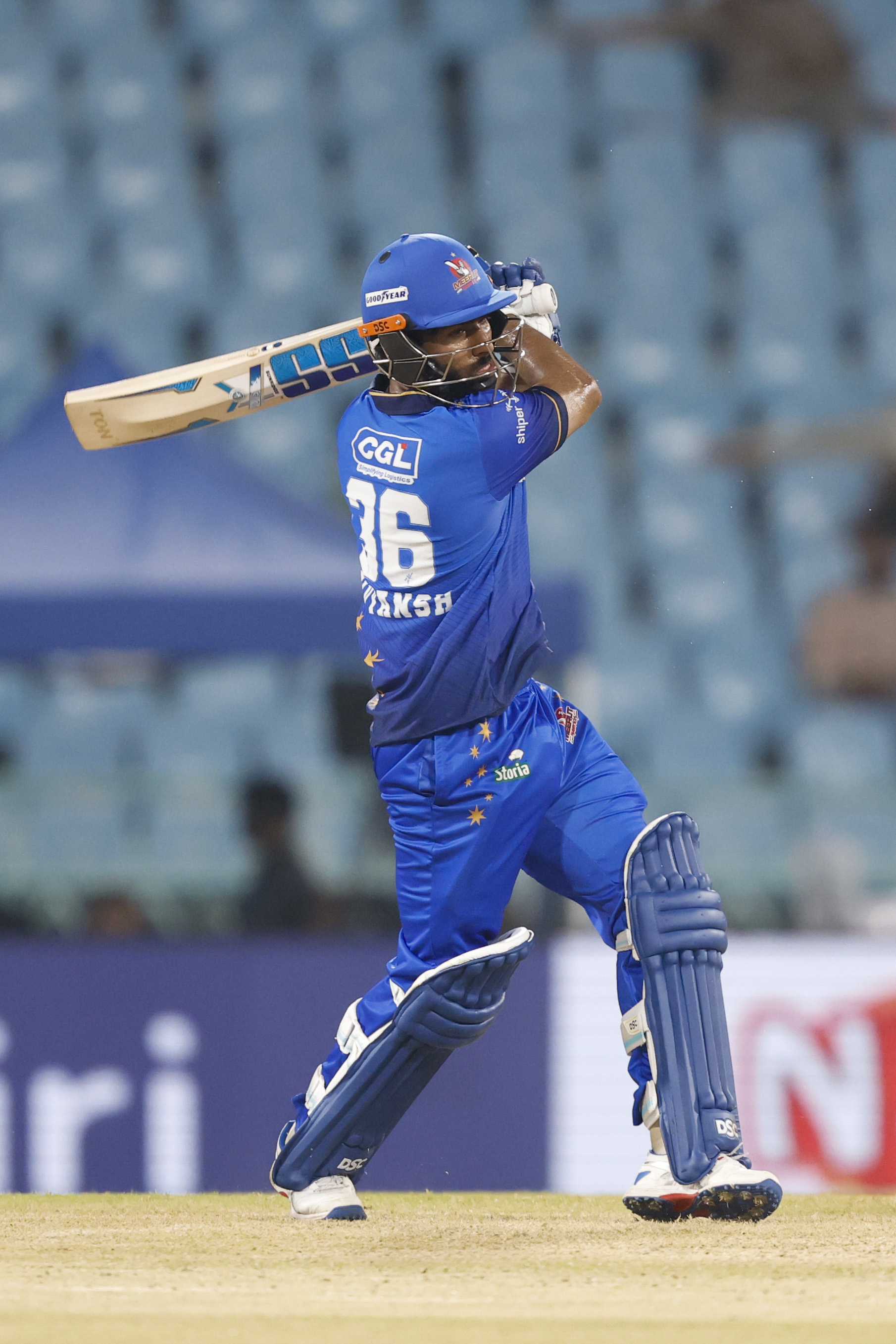 Divyansh  Rajput of Meerut Mavericksplay a shot during the UPT20 League Season 4 night clash on 16 August 2026 at Bharat Ratna Shri Atal Bihari Vajpayee Ekana Cricket Stadium, Lucknow, Uttar Pradesh, India, Gaur Gorakhpur Lions take on defending champions Meerut Mavericks in Match 5 under lights as Purvanchal’s pride meets Meerut’s grit in a high‑intensity T20 battle.Photos by:Arjun Singh / aceimages.in for UPT20