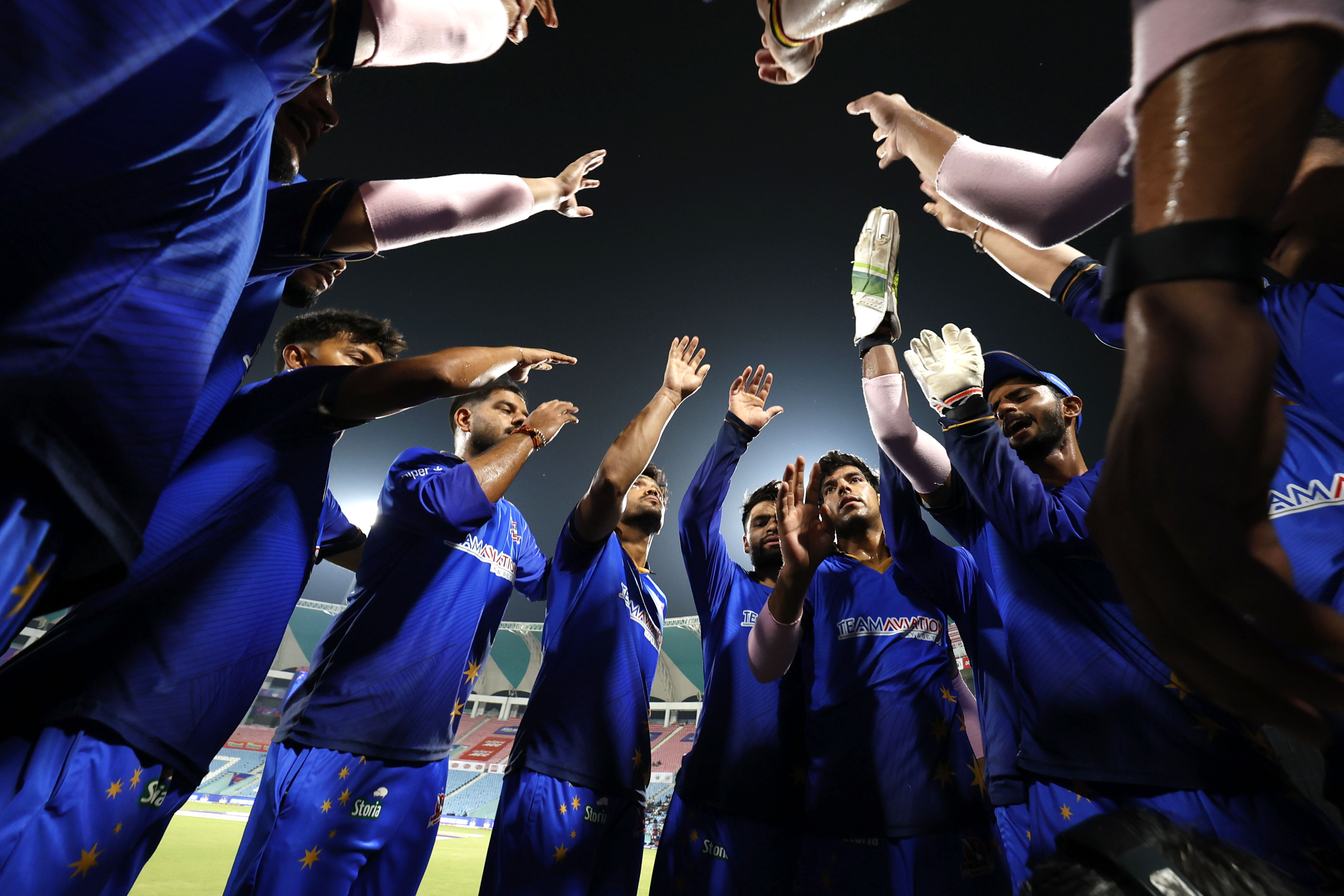 Meerut Mavericks huddle during the UPT20 League Season 4 night clash on 16 August 2026 at Bharat Ratna Shri Atal Bihari Vajpayee Ekana Cricket Stadium, Lucknow, Uttar Pradesh, India, Gaur Gorakhpur Lions take on defending champions Meerut Mavericks in Match 5 under lights as Purvanchal’s pride meets Meerut’s grit in a high‑intensity T20 battle.Photos by: Tamal Das / aceimages.in for UPT20