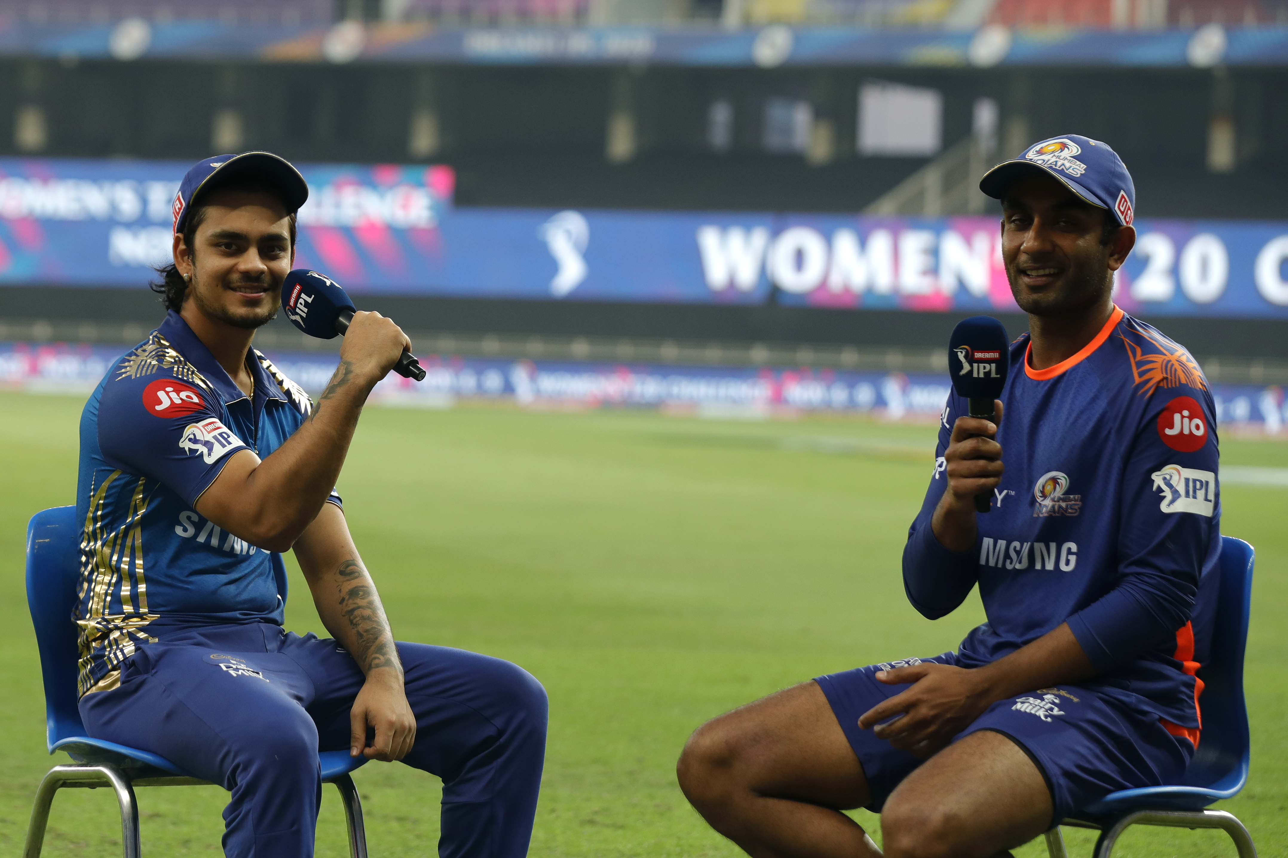 Surya Kumar Yadav of Mumbai Indians  and Ishan Kishan of Mumbai Indians  at social media talk during match 51 of season 13 of the Dream 11 Indian Premier League (IPL) between the Delhi Capitals and the Mumbai Indians held at the Dubai International Cricket Stadium, Dubai in the United Arab Emirates on the 31st October 2020.  Photo by: Saikat Das  / Sportzpics for BCCI