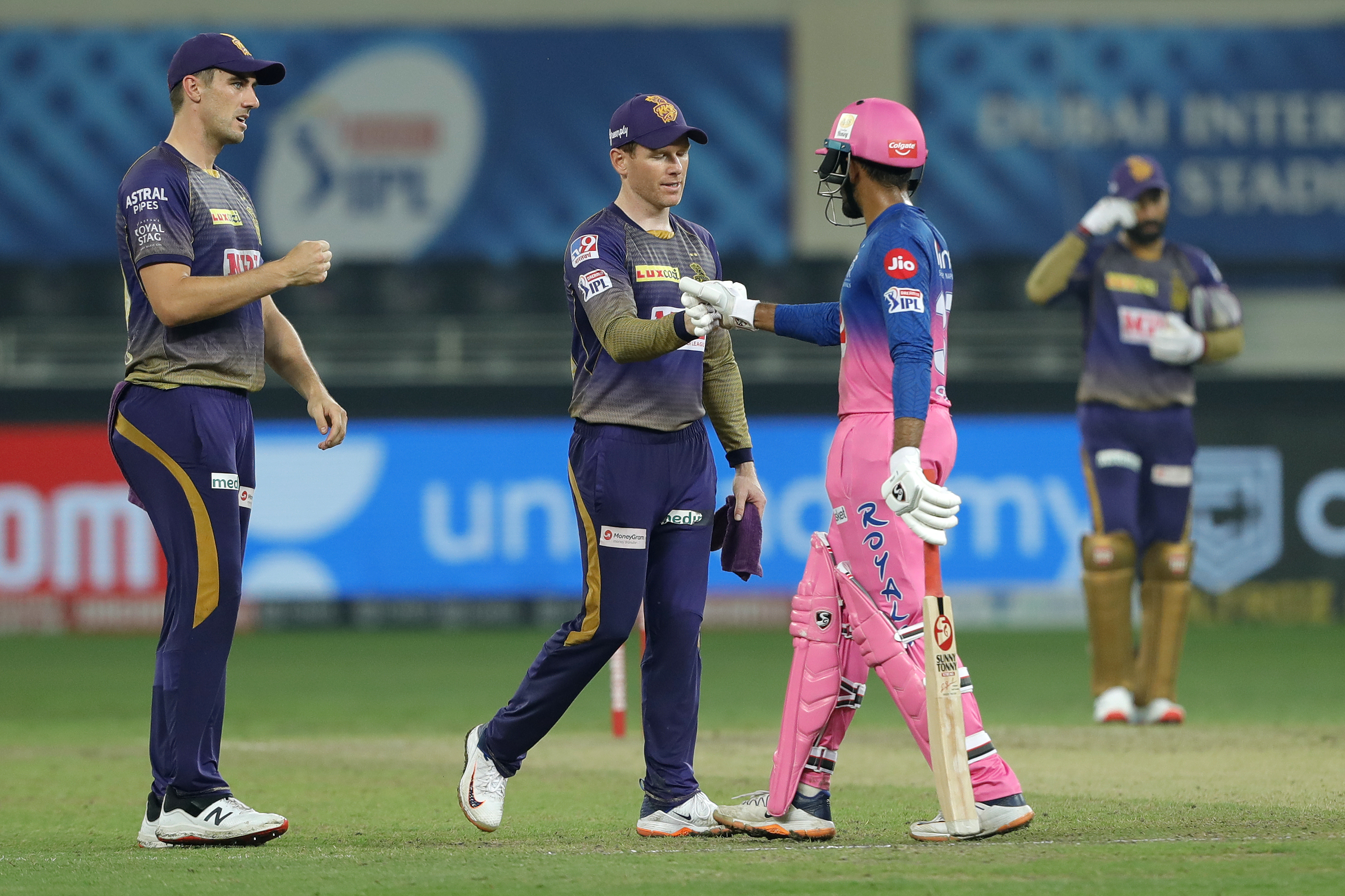 The Kolkata Knight Riders  celebrates the win during match 54 of season 13 of the Dream 11 Indian Premier League (IPL) between the Kolkata Knight Riders and the Rajasthan Royals held at the Dubai International Cricket Stadium, Dubai in the United Arab Emirates on the 1st November 2020.  Photo by: Saikat Das  / Sportzpics for BCCI